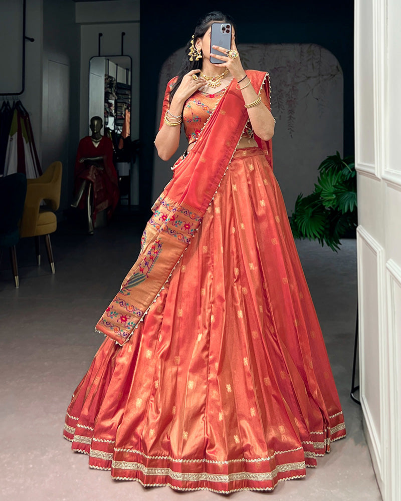 Coral Shimmer Silk Designer Lehenga Set for festive celebrations and wedding occasions