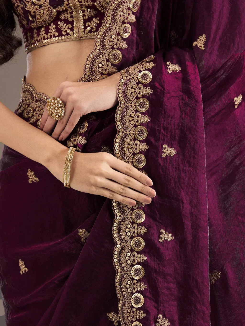 Wine Elegant Embroidered Tissue Silk Party Wear Saree With Blouse