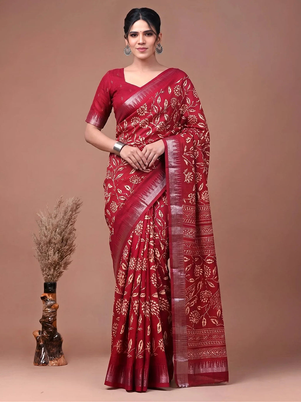 Red Majestic Floral Printed Silk Casual Wear Saree With Blouse