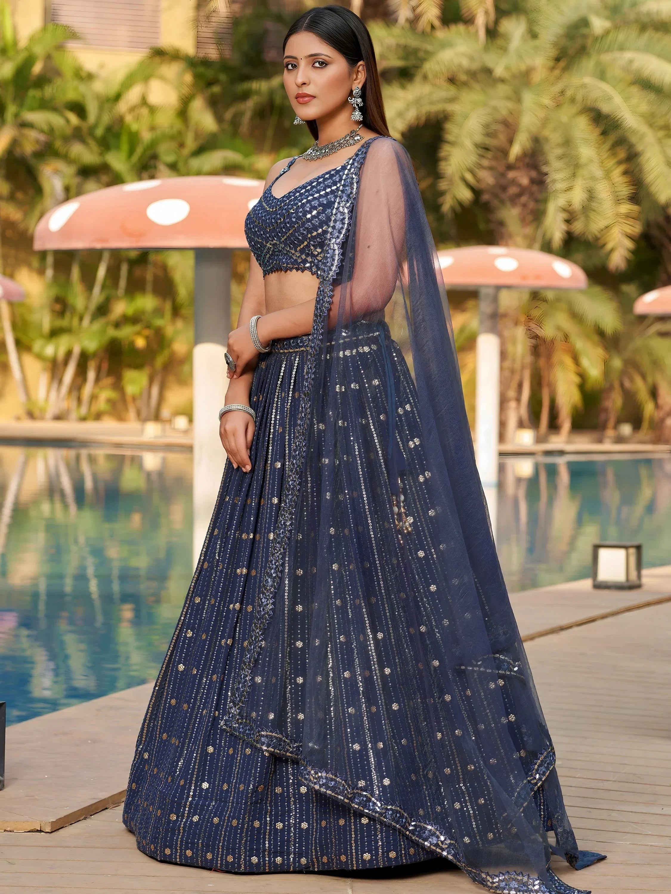 Fantastic Grey Sequins Georgette Reception Wear Lehenga Choli