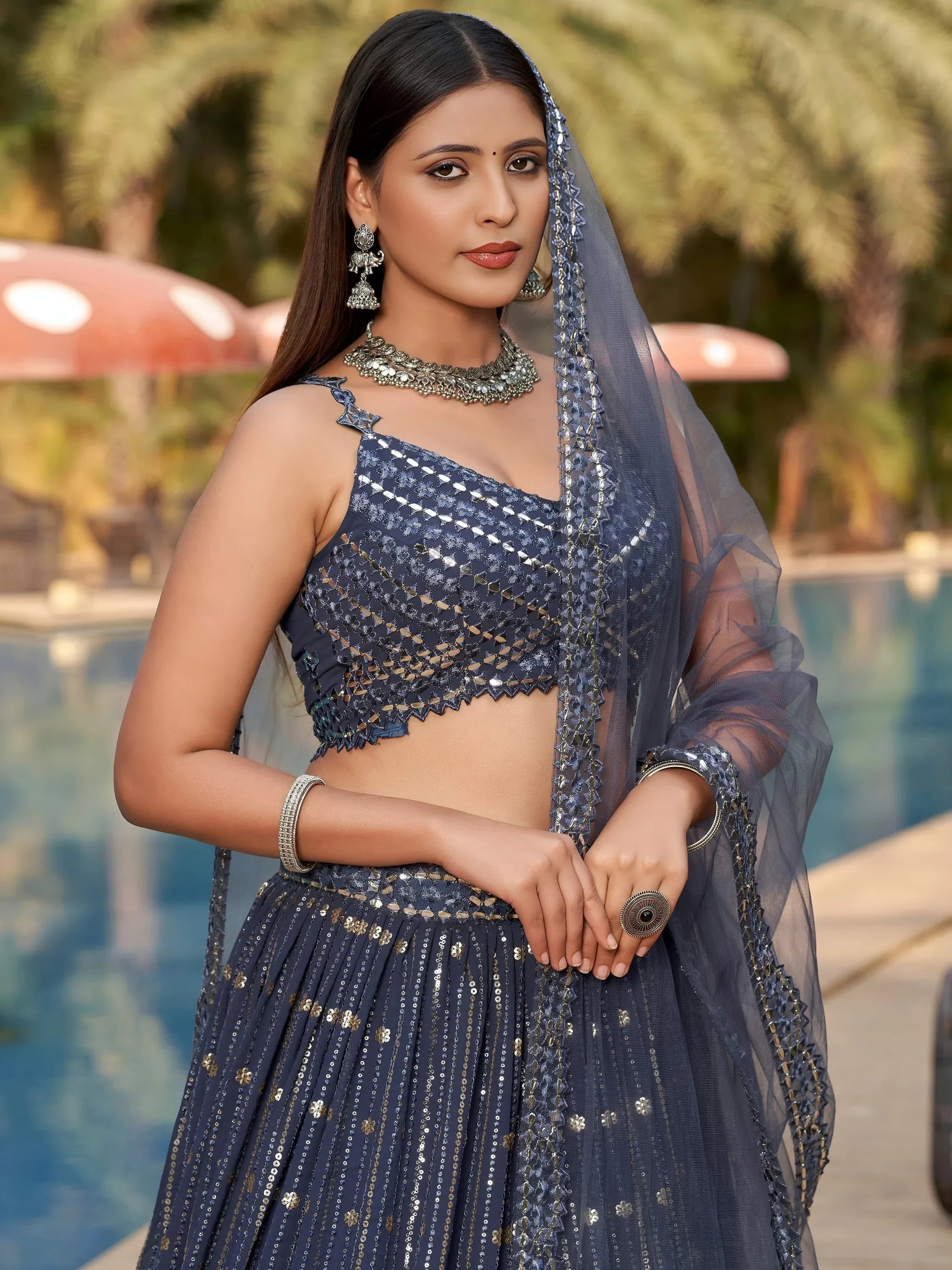 Fantastic Grey Sequins Georgette Reception Wear Lehenga Choli