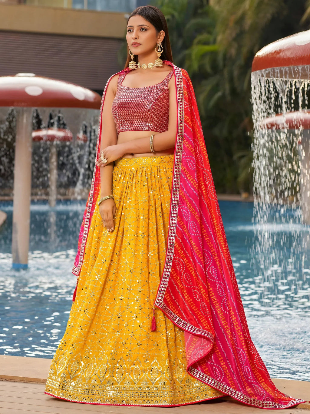 Gorgeous Yellow Sequins Georgette Haldi Wear Lehenga Choli