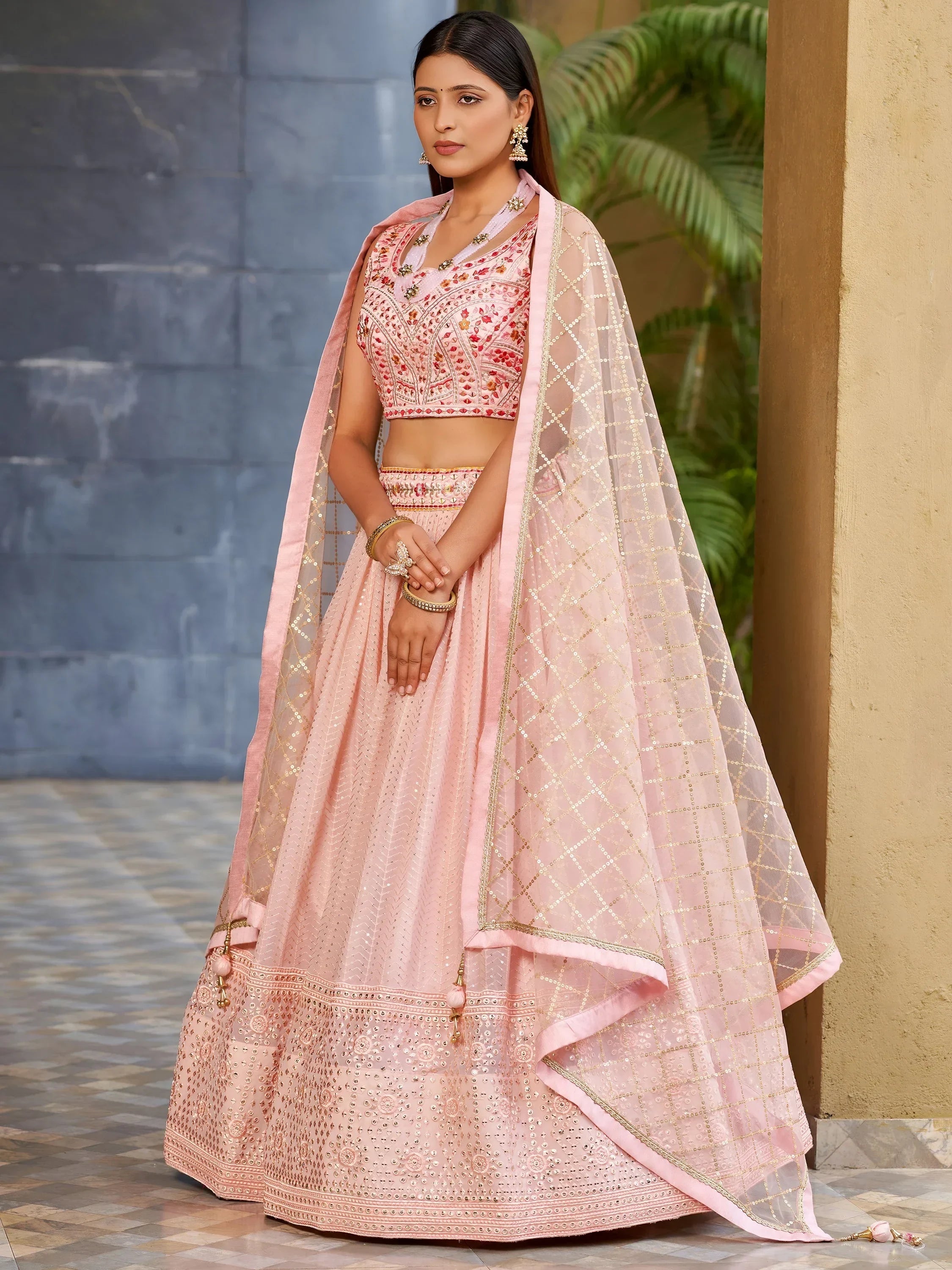 Beautiful Pink Sequins Art Silk Bridesmaid Lehenga Choli With Dupatta