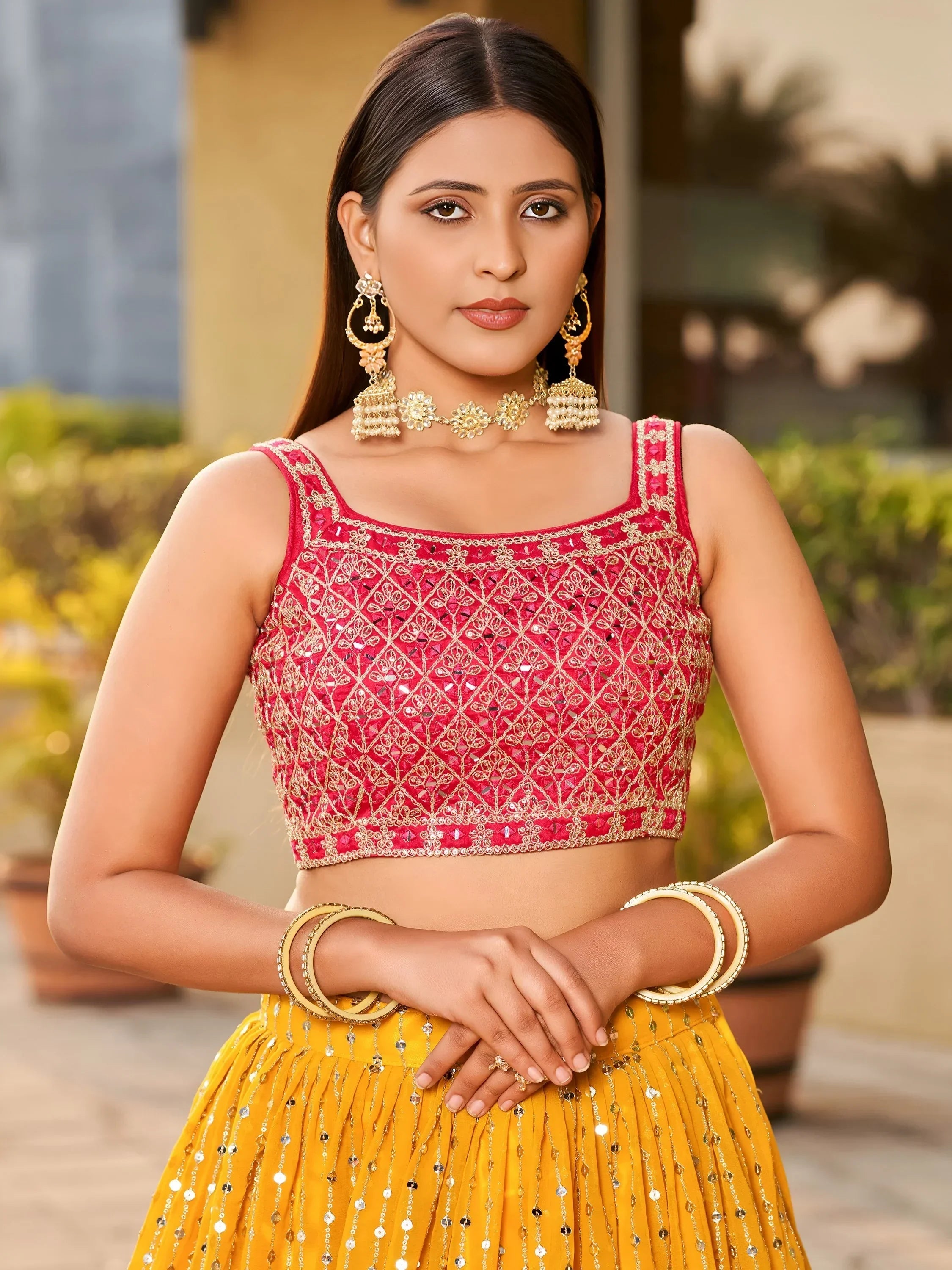 Stunning Yellow Sequins Georgette Wedding Wear Lehenga Choli