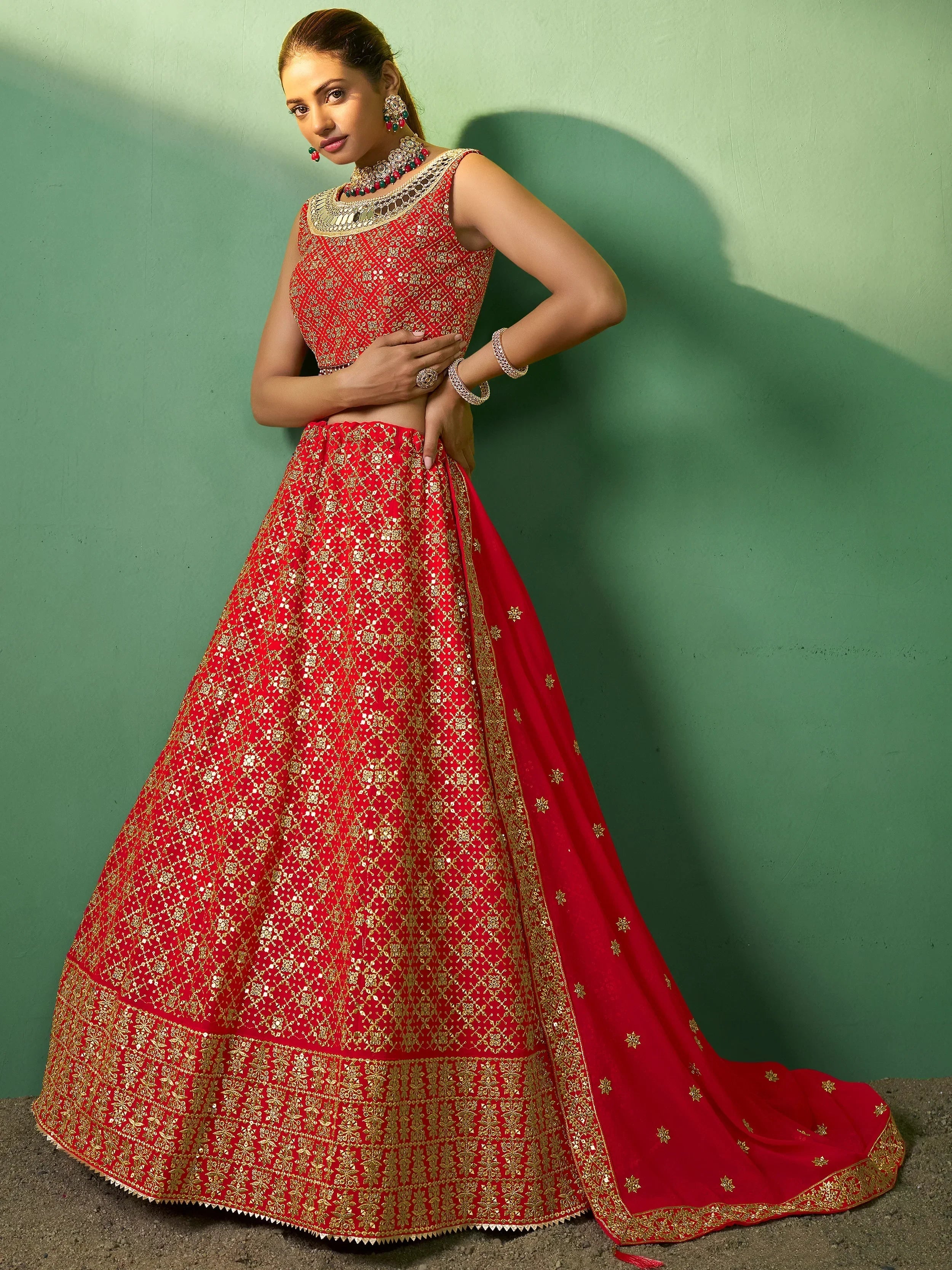 Sweet Red Embroidered Georgette Wedding Lehenga Choli With Dupatta