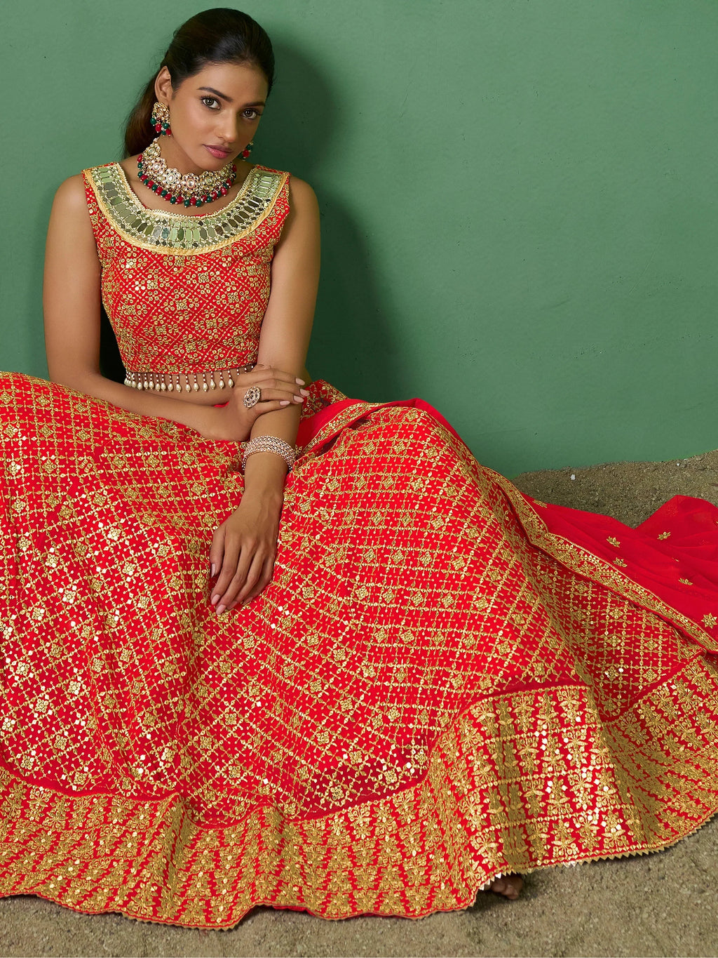 Sweet Red Embroidered Georgette Wedding Lehenga Choli With Dupatta