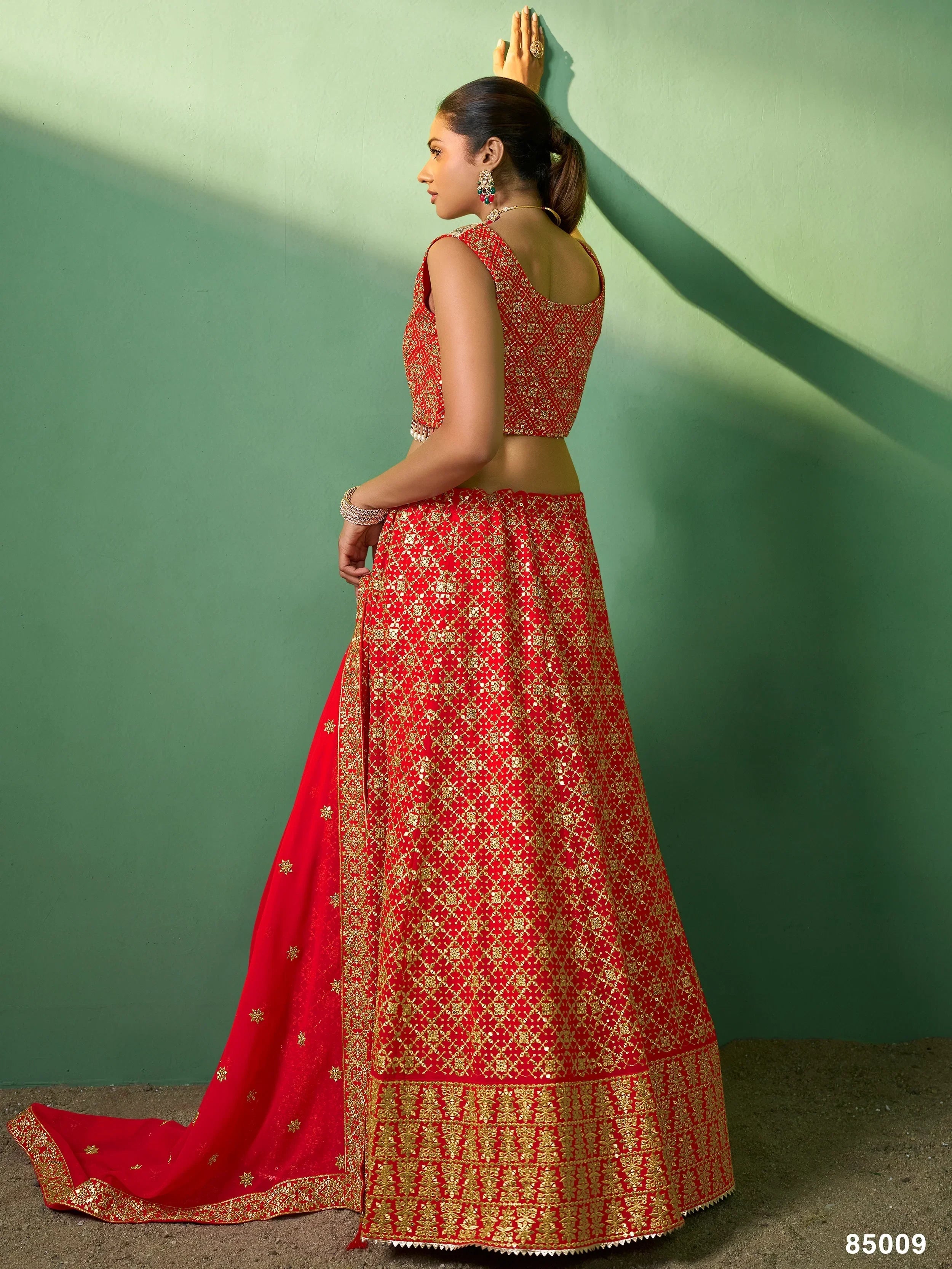 Sweet Red Embroidered Georgette Wedding Lehenga Choli With Dupatta