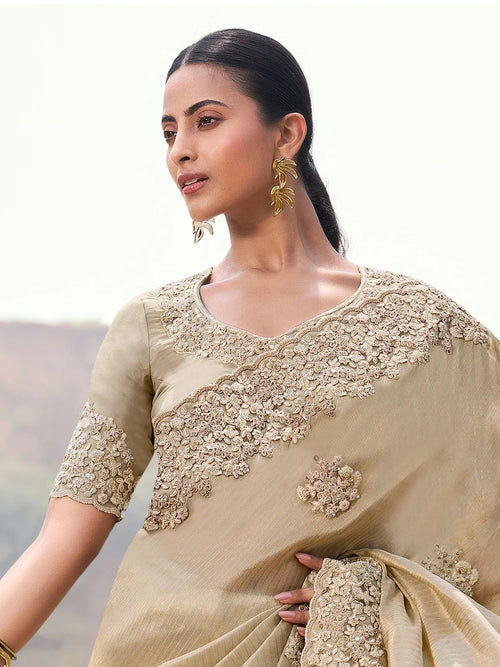 Attractive Beige Heavy Embroidered Silk Wedding Wear Saree With Blouse