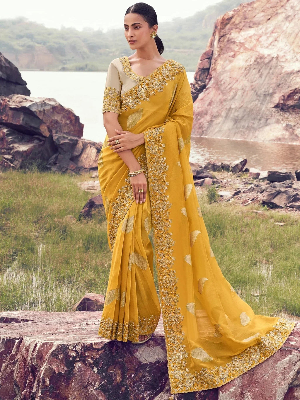 Glamorous Yellow Heavy Embroidered Silk Haldi Wear Saree With Blouse