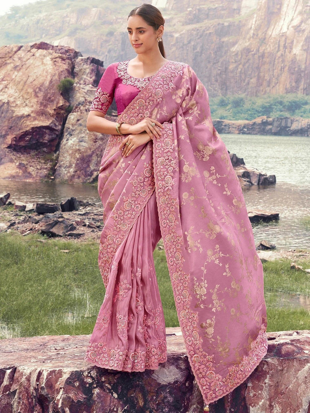 Adorable Pink Zari Work Silk Engagement Wear Saree With Blouse