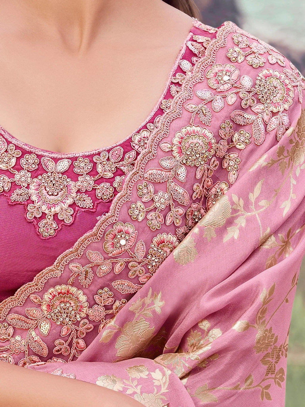 Adorable Pink Zari Work Silk Engagement Wear Saree With Blouse