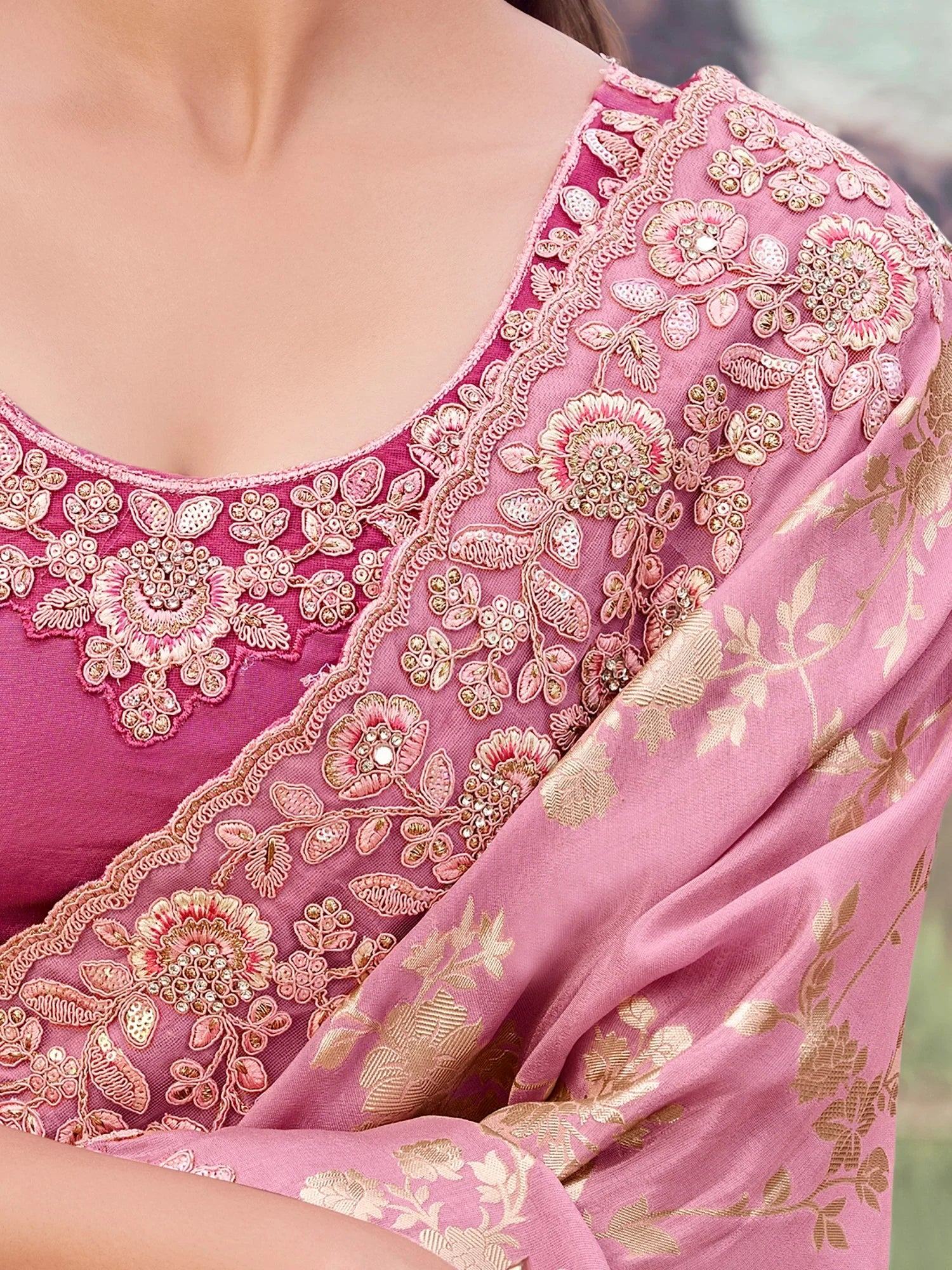 Adorable Pink Zari Work Silk Engagement Wear Saree With Blouse