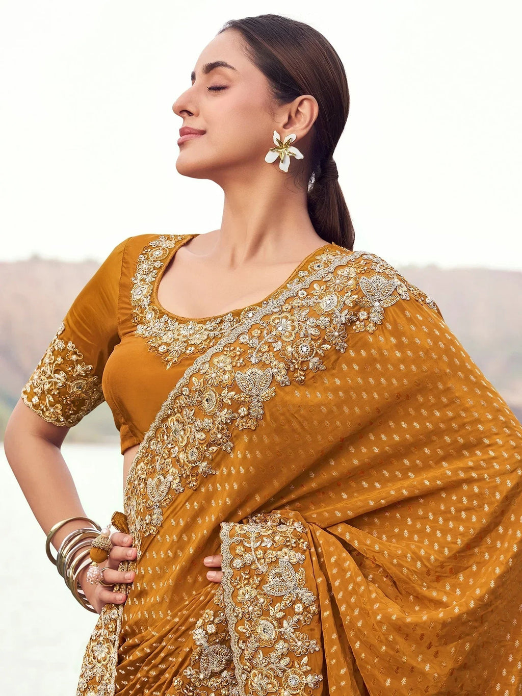 Incredible Orange Embroidered Silk Festive Wear Saree With Blouse