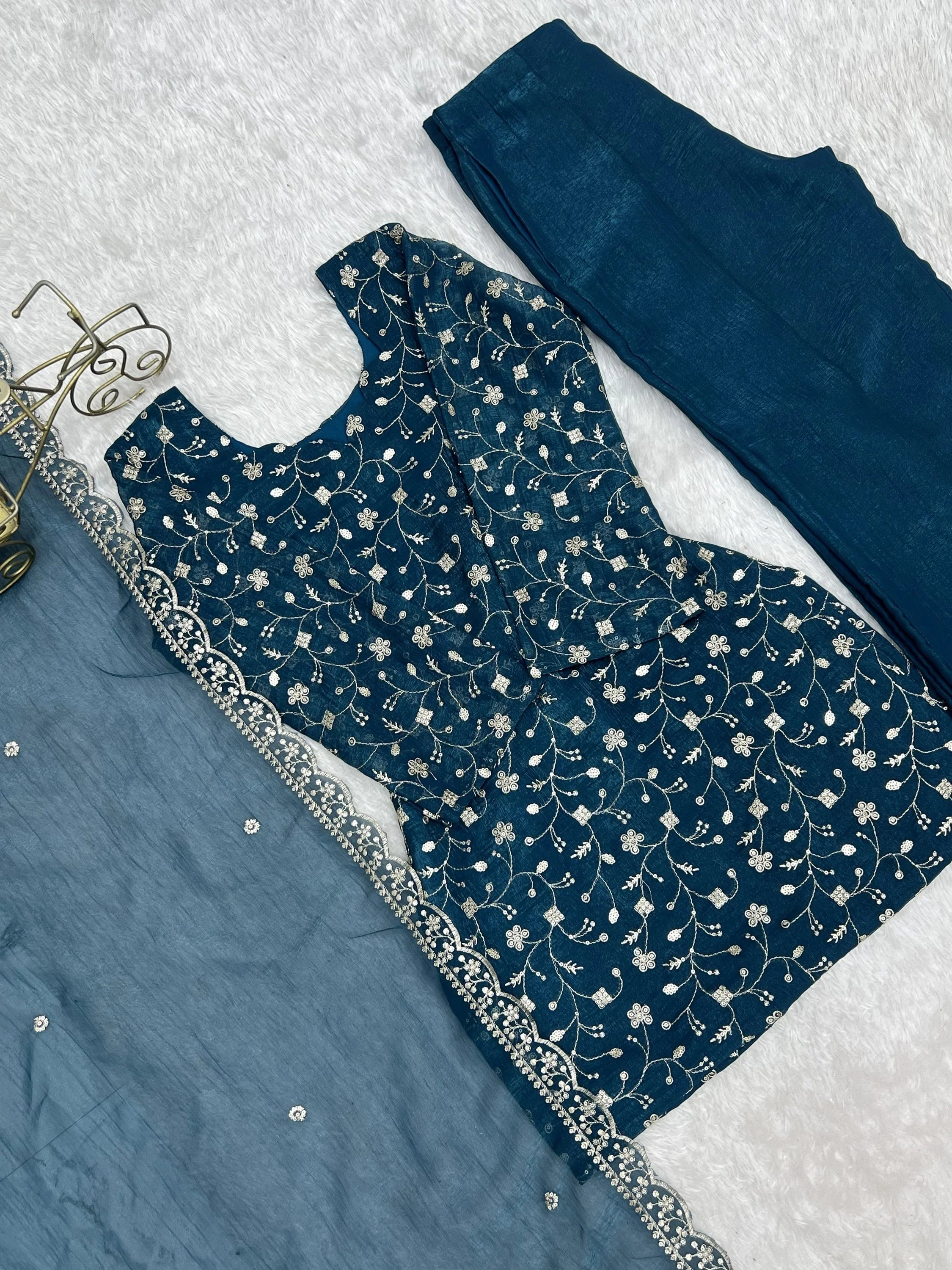 Teal Beautiful Sequins Silk Function Wear Pant Suit