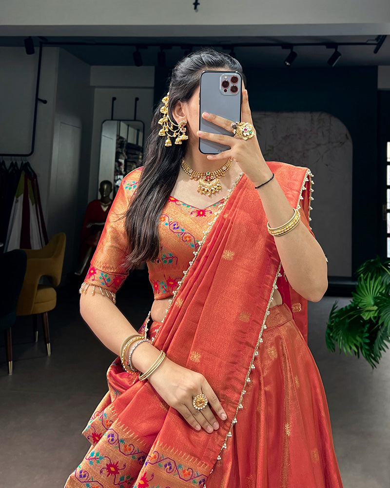 Coral Shimmer Silk Designer Lehenga Set for festive celebrations and wedding occasions