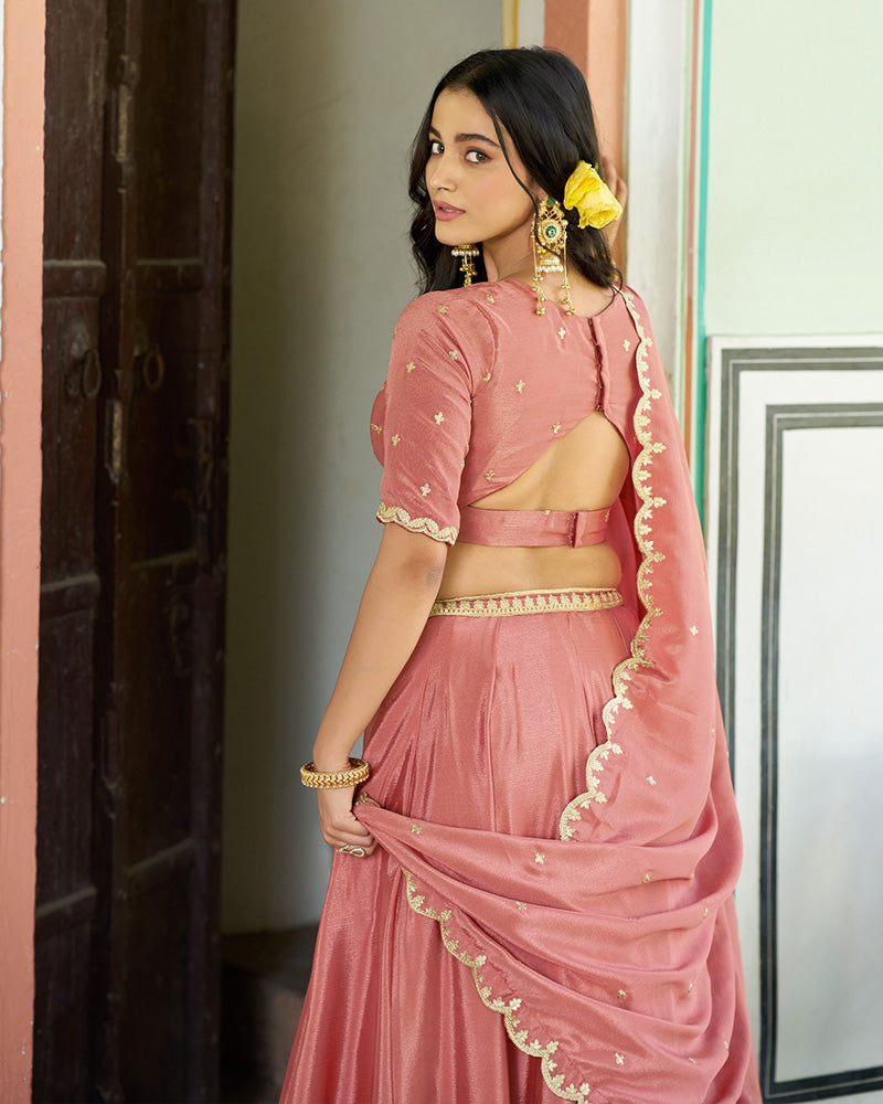 Peach Chinon Designer Lehenga Choli with Embroidery for Festive Occasions