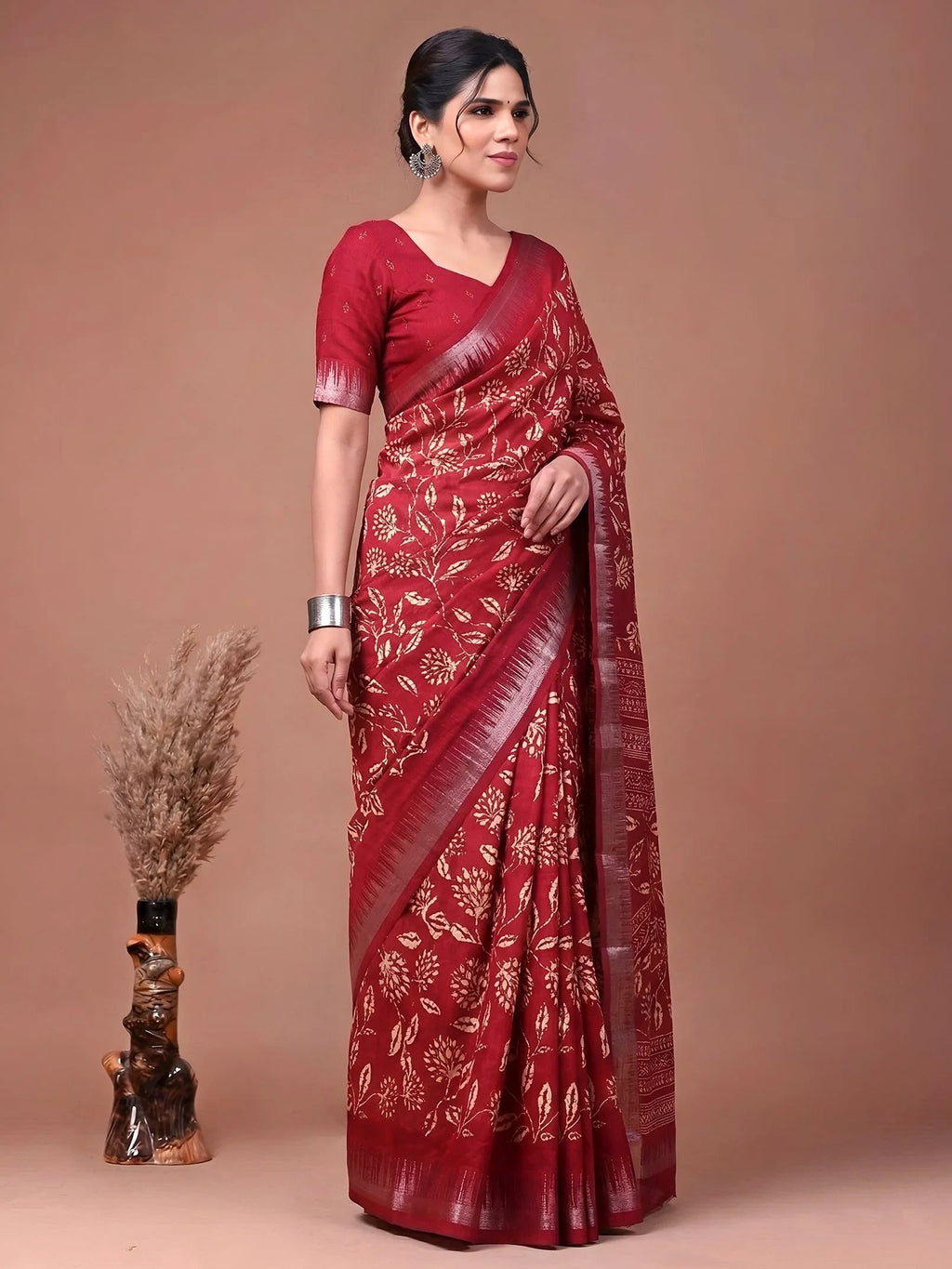 Red Majestic Floral Printed Silk Casual Wear Saree With Blouse