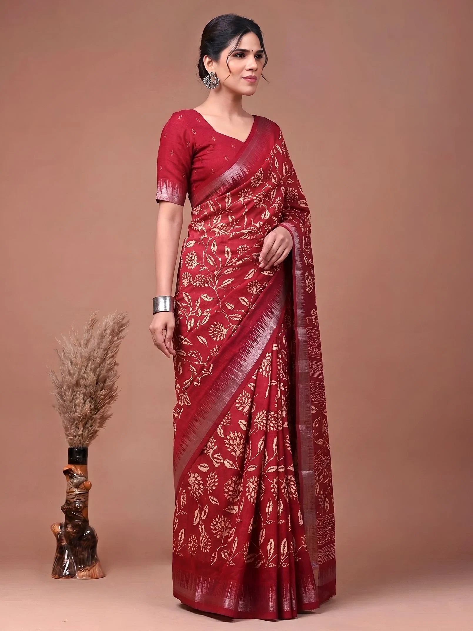 Red Majestic Floral Printed Silk Casual Wear Saree With Blouse