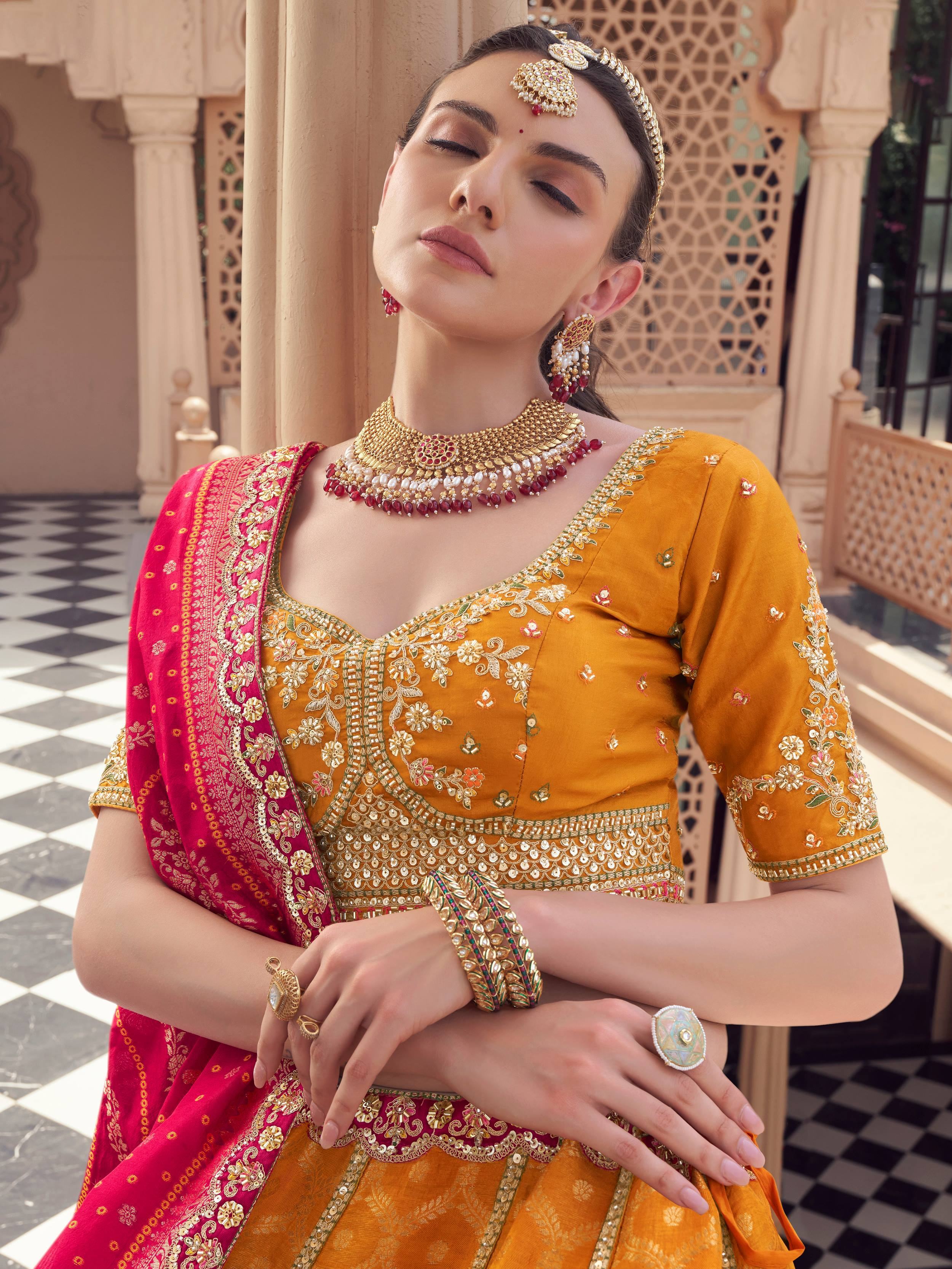Lovely Mustard Embroidered Tissue Wedding Wear Lehenga Choli
