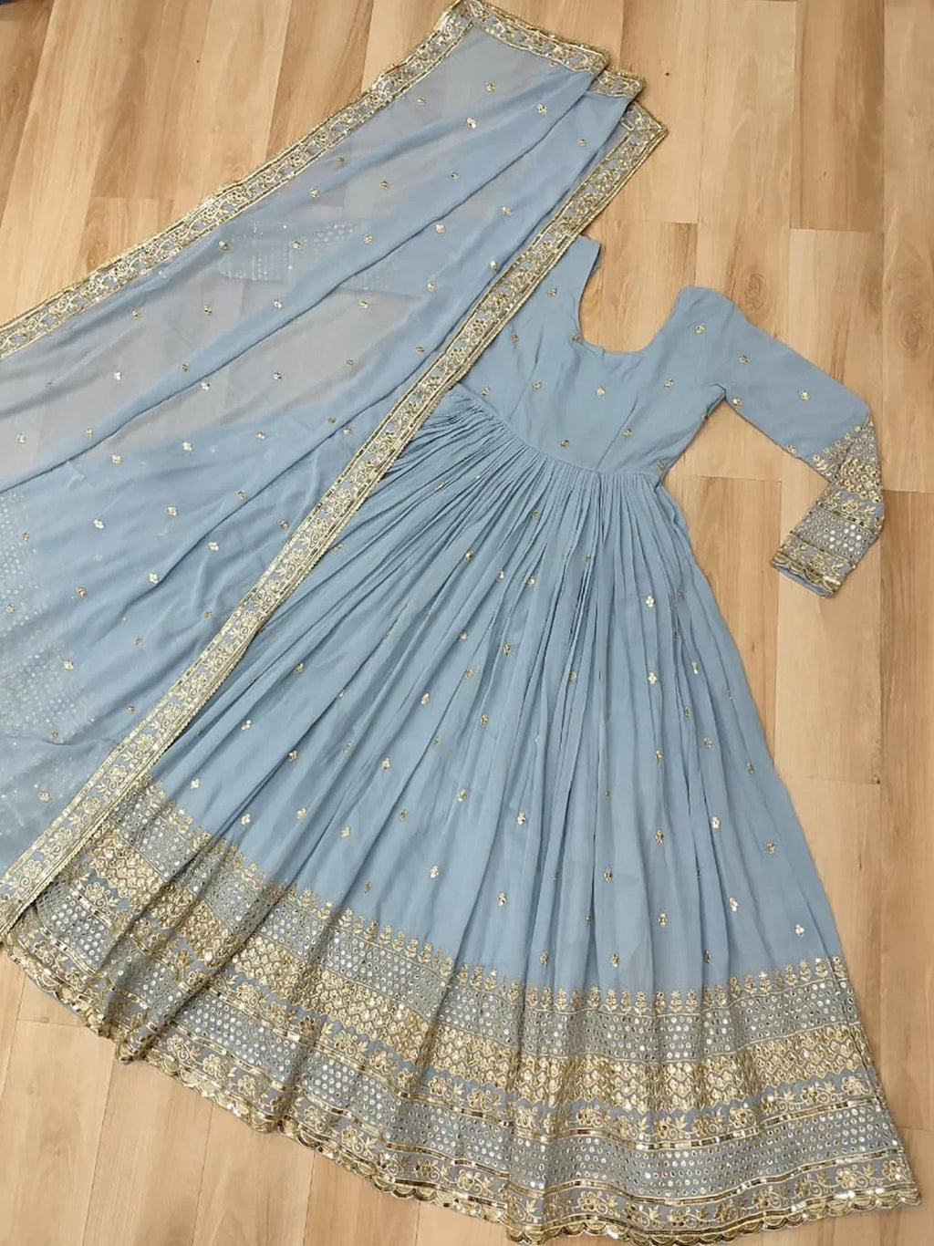 Sky Blue Beautiful Georgette Embroidered Wedding Wear Gown With Dupatta