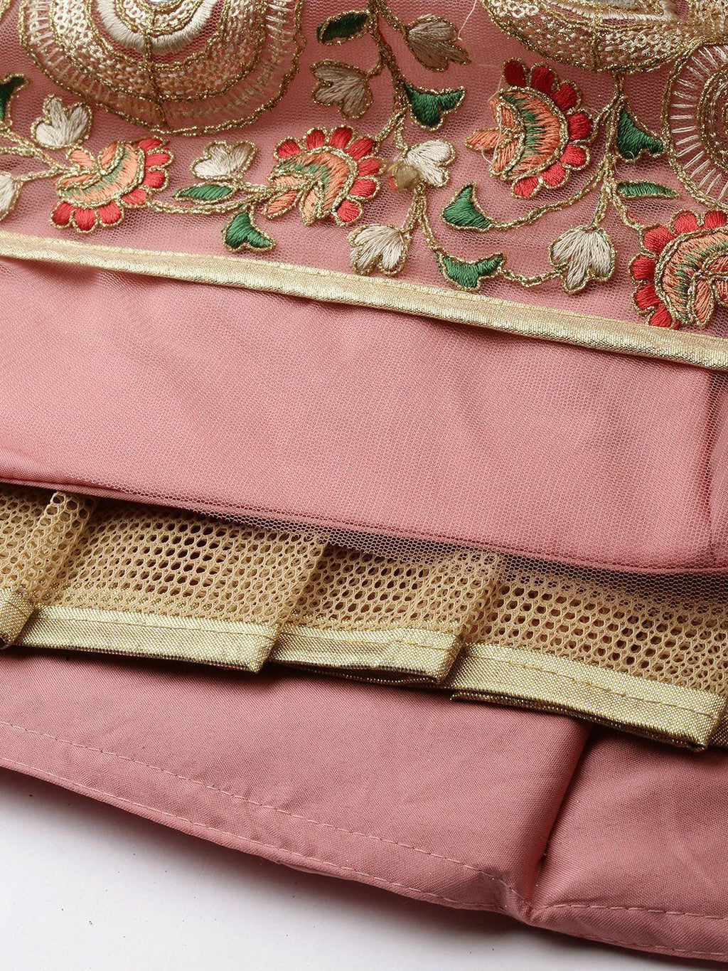 Peach & Green Embroidered Semi-Stitched Lehenga & Unstitched Blouse with Dupatta