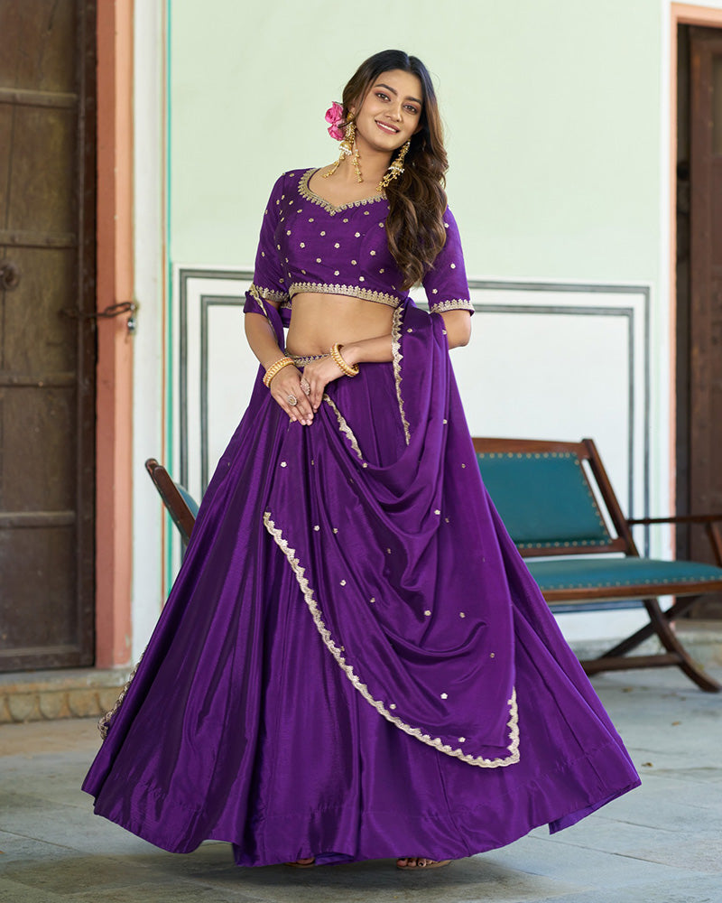 Purple Chinon Designer Lehenga Choli with Embroidery for Festive Occasions