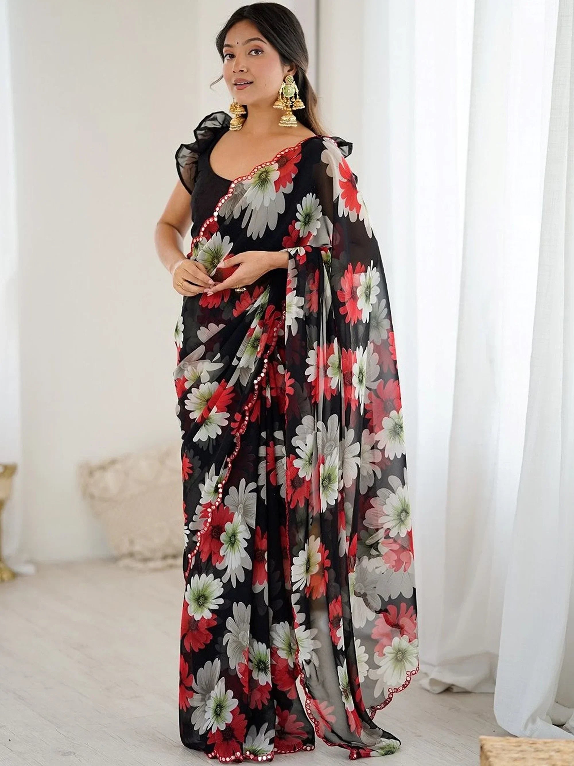 Black Awesome Floral Printed Georgette Party Wear Saree With Blouse