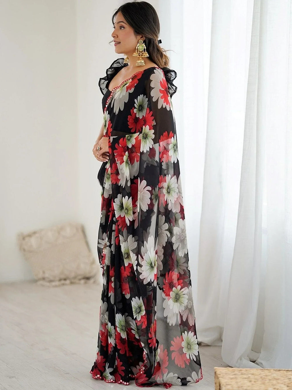 Black Awesome Floral Printed Georgette Party Wear Saree With Blouse