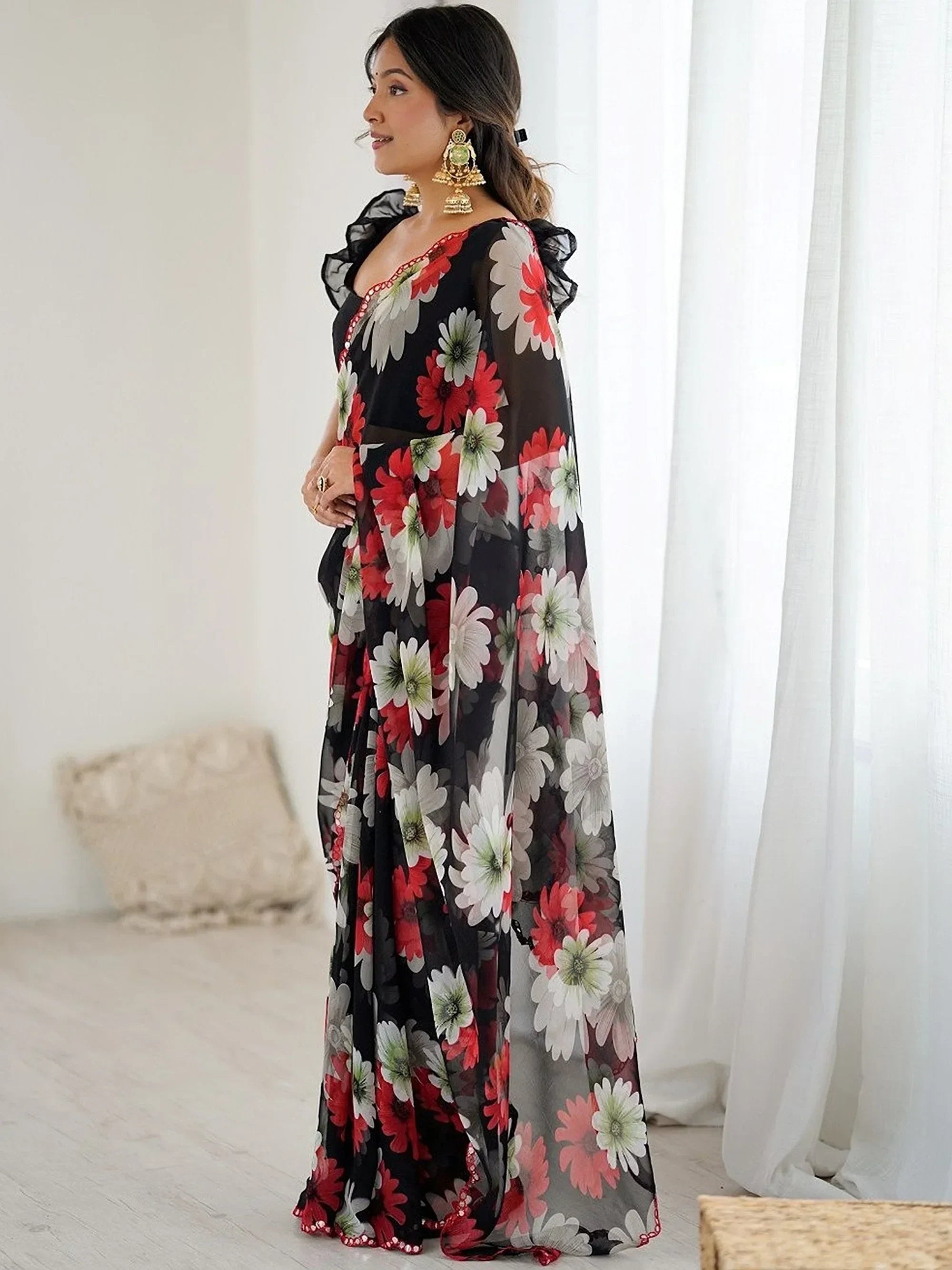 Black Awesome Floral Printed Georgette Party Wear Saree With Blouse