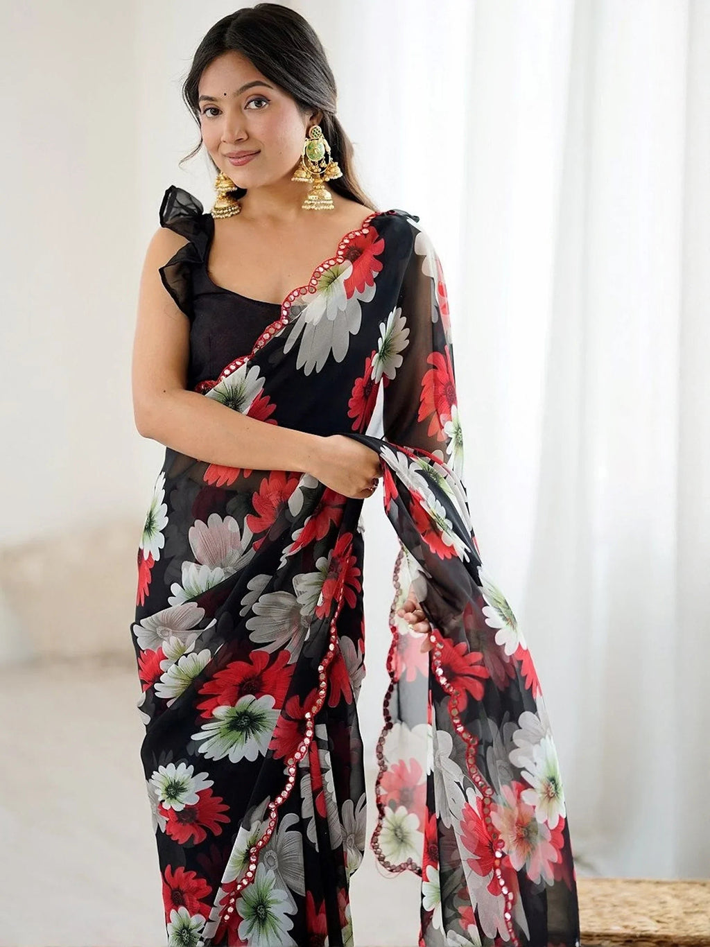 Black Awesome Floral Printed Georgette Party Wear Saree With Blouse