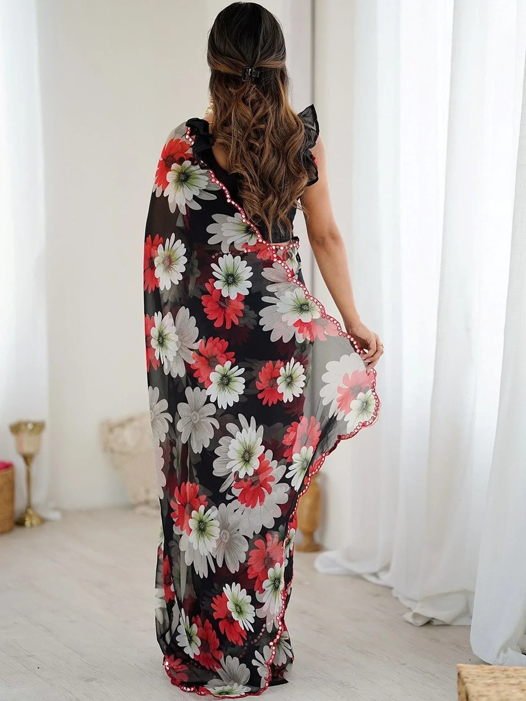 Black Awesome Floral Printed Georgette Party Wear Saree With Blouse