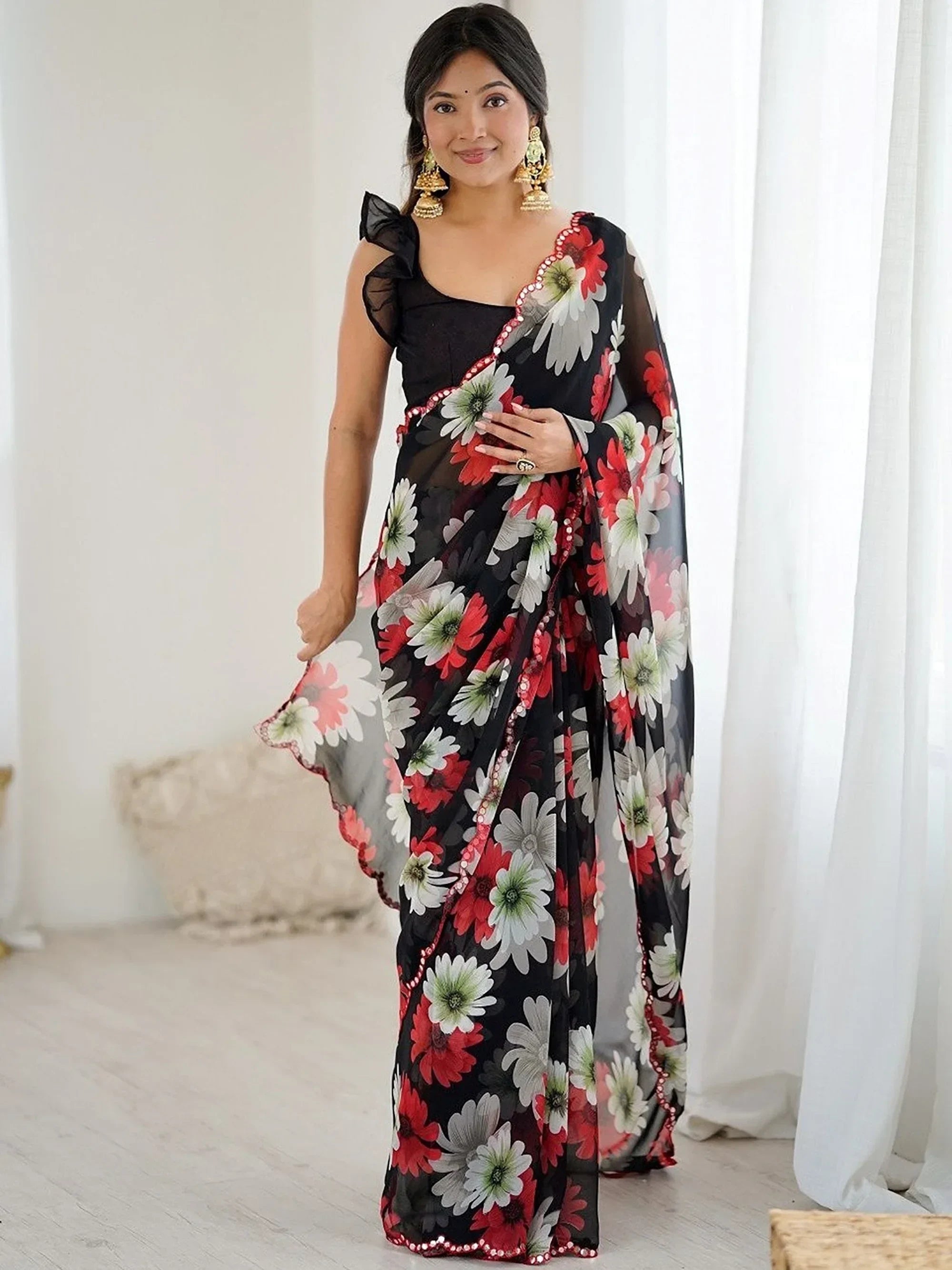 Black Awesome Floral Printed Georgette Party Wear Saree With Blouse