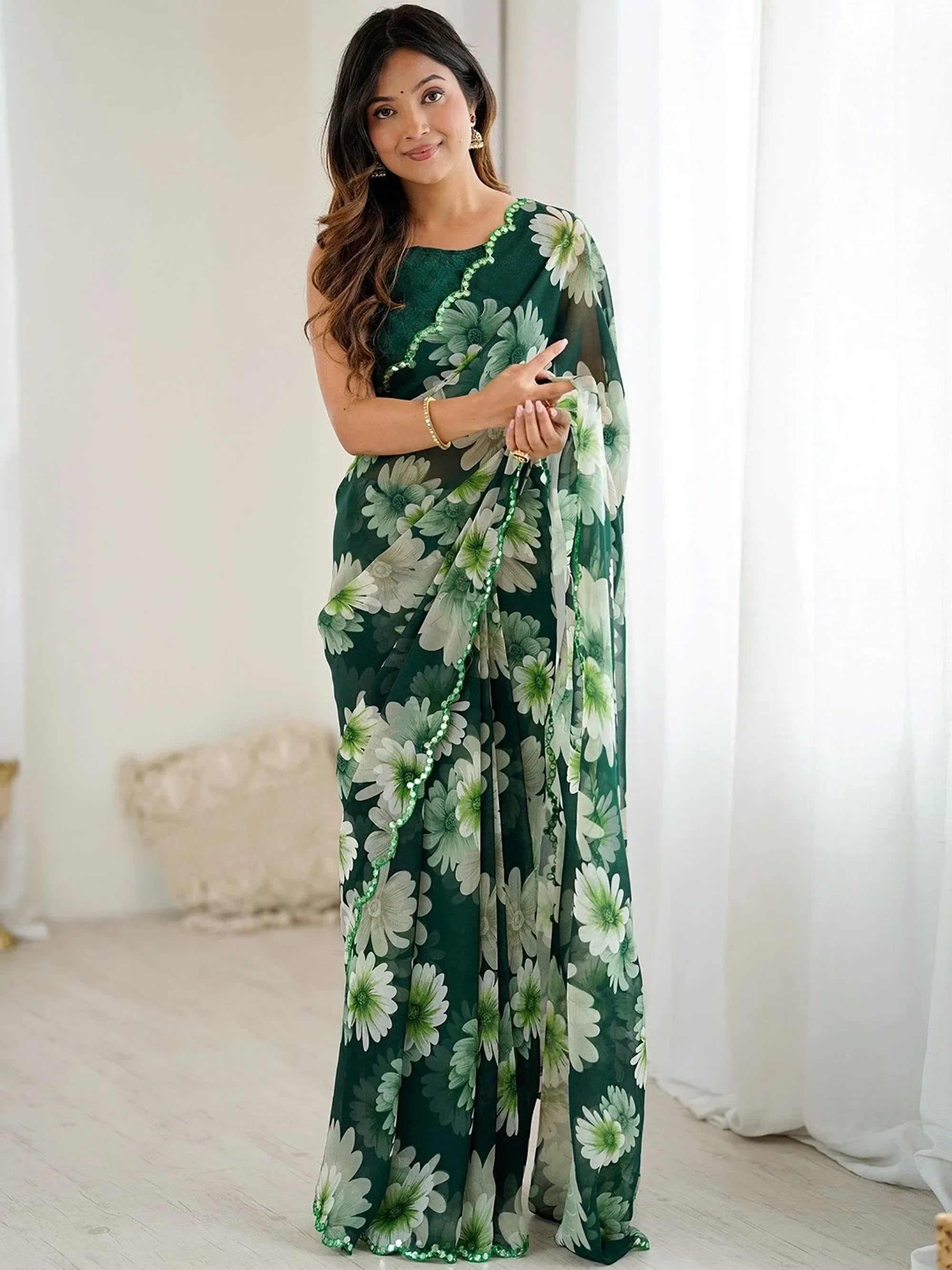 Green Awesome Floral Printed Georgette Party Wear Saree With Blouse