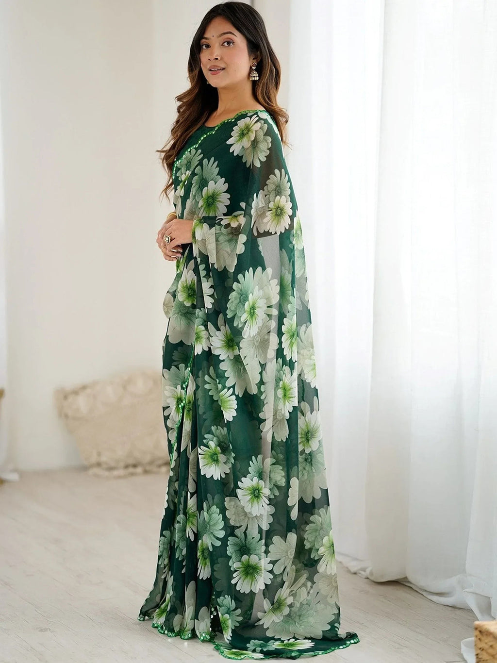 Green Awesome Floral Printed Georgette Party Wear Saree With Blouse