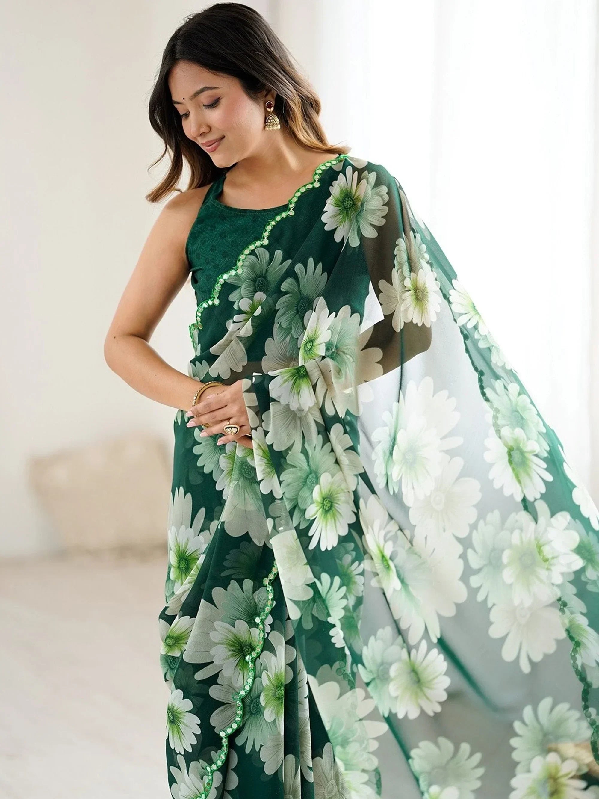 Green Awesome Floral Printed Georgette Party Wear Saree With Blouse