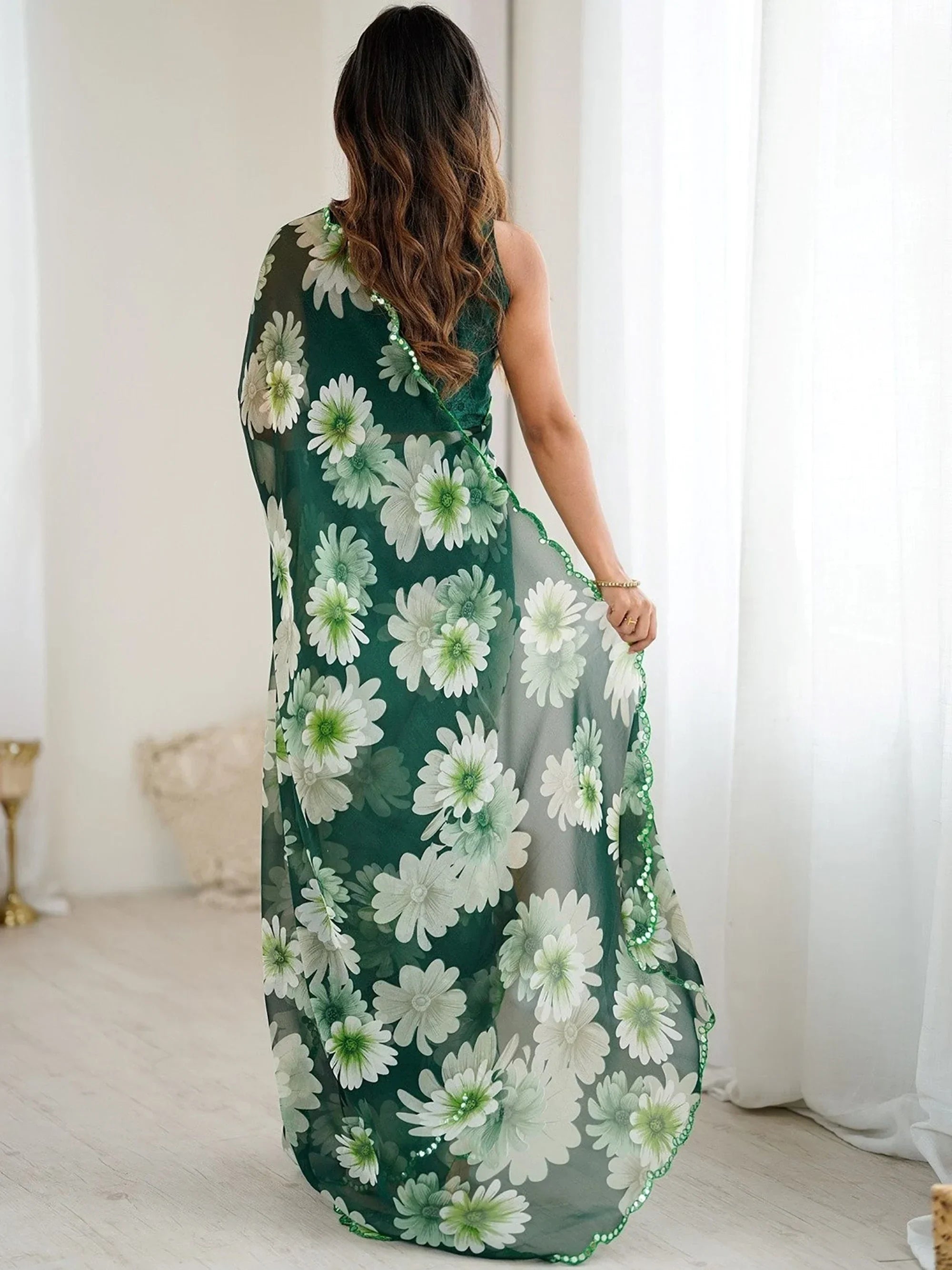 Green Awesome Floral Printed Georgette Party Wear Saree With Blouse
