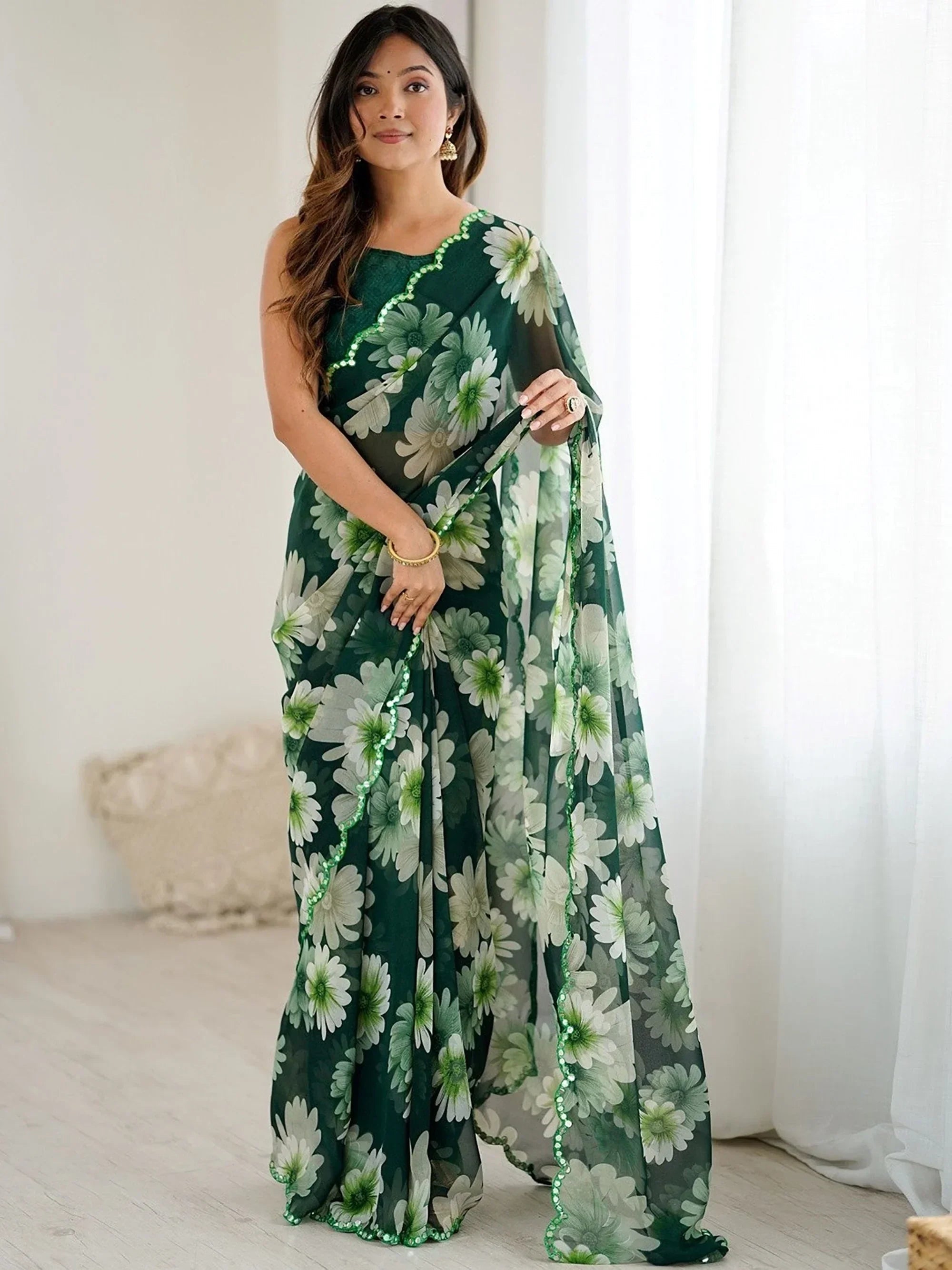 Green Awesome Floral Printed Georgette Party Wear Saree With Blouse