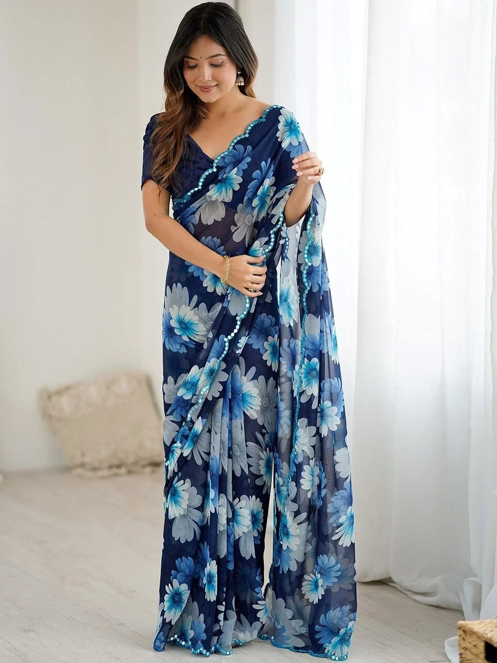 Blue Awesome Floral Printed Georgette Party Wear Saree With Blouse