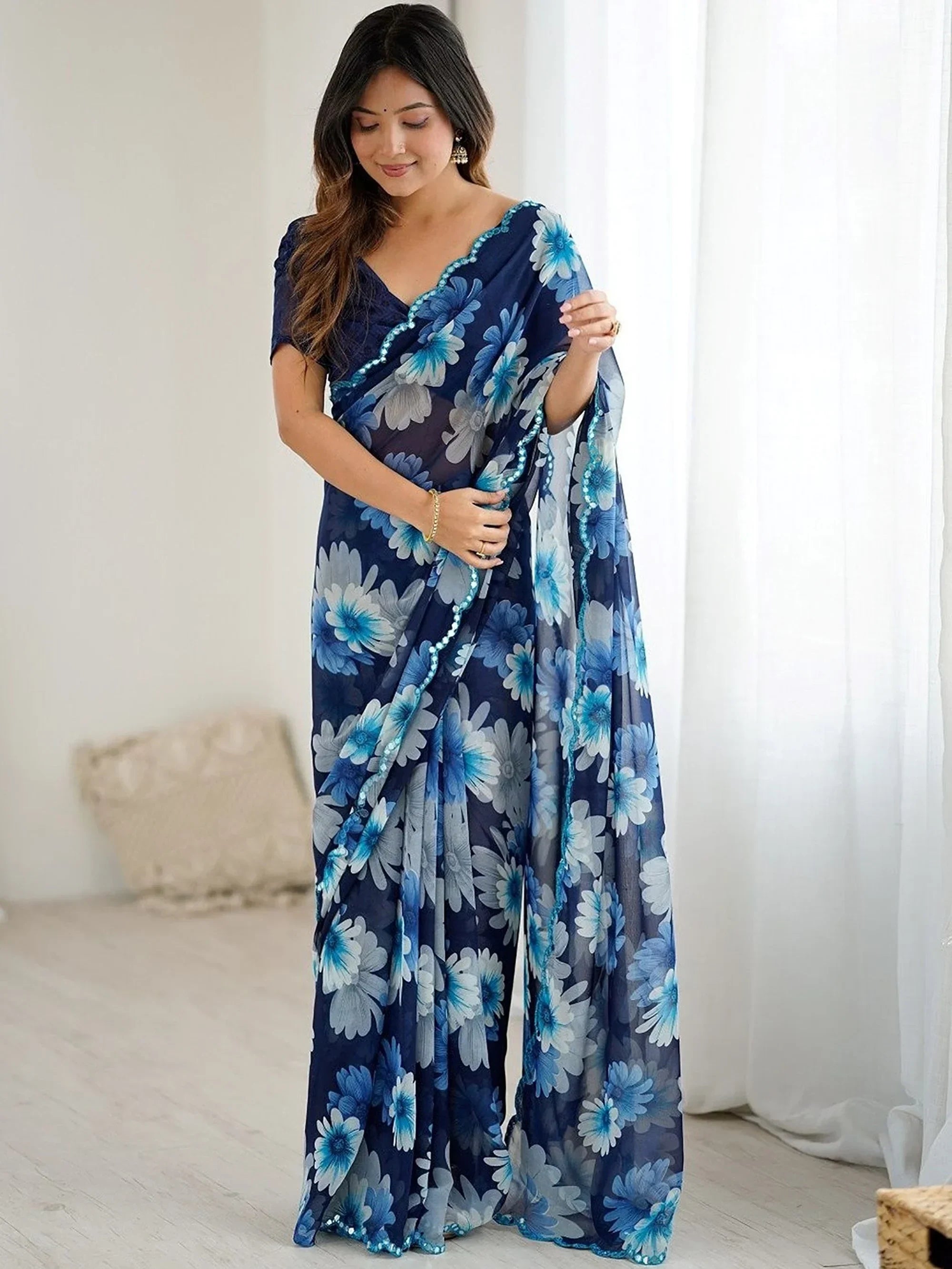 Blue Awesome Floral Printed Georgette Party Wear Saree With Blouse