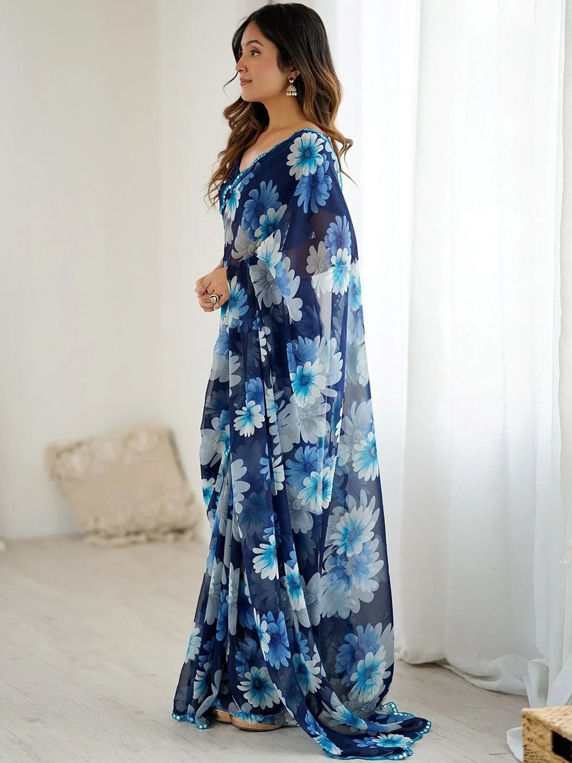 Blue Awesome Floral Printed Georgette Party Wear Saree With Blouse