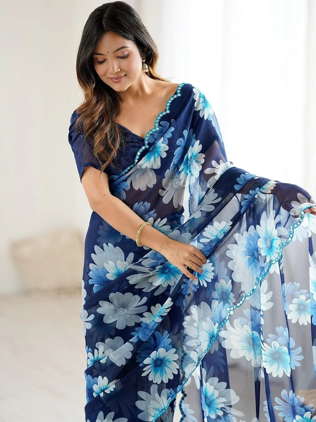 Blue Awesome Floral Printed Georgette Party Wear Saree With Blouse