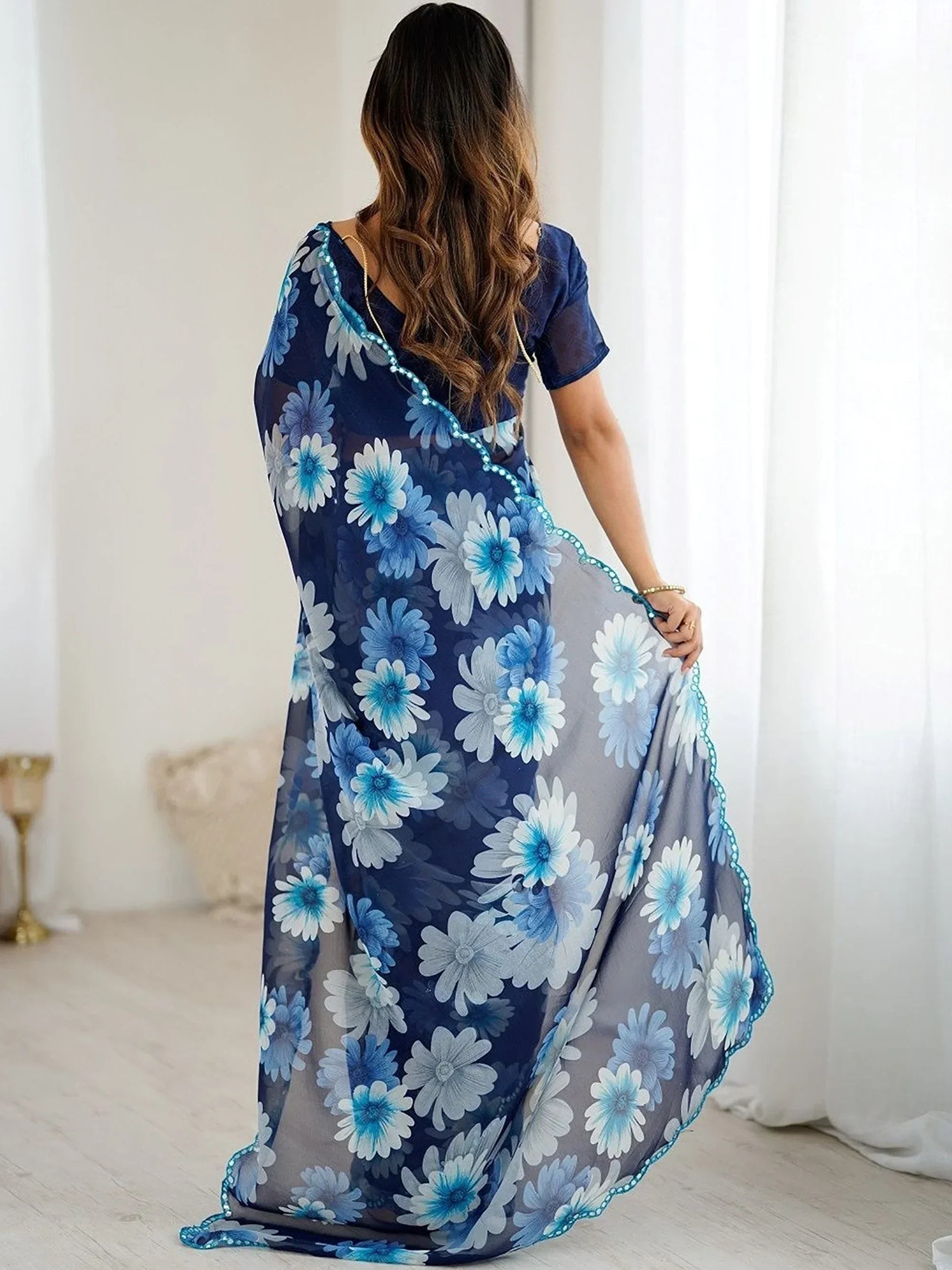 Blue Awesome Floral Printed Georgette Party Wear Saree With Blouse