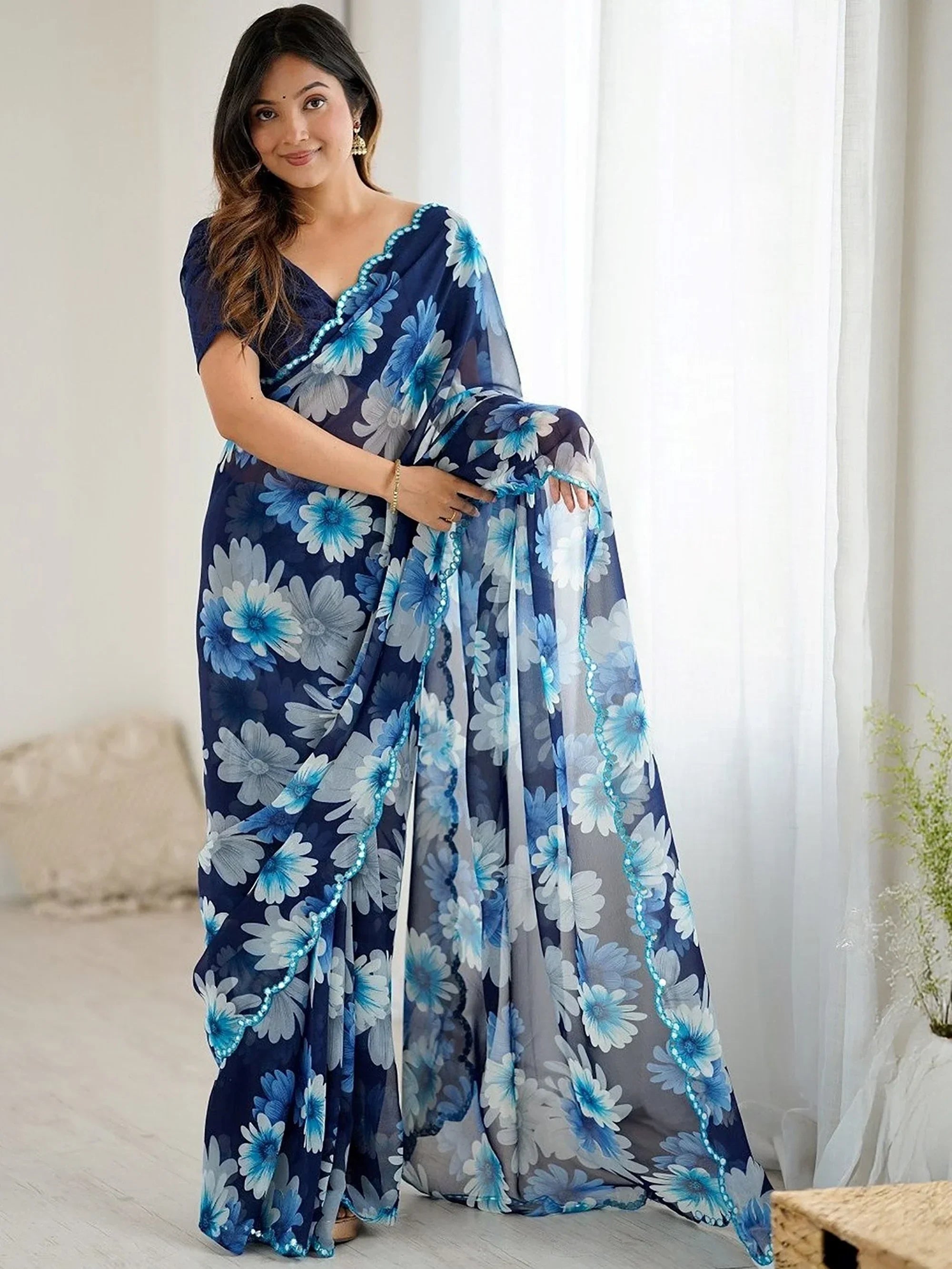 Blue Awesome Floral Printed Georgette Party Wear Saree With Blouse
