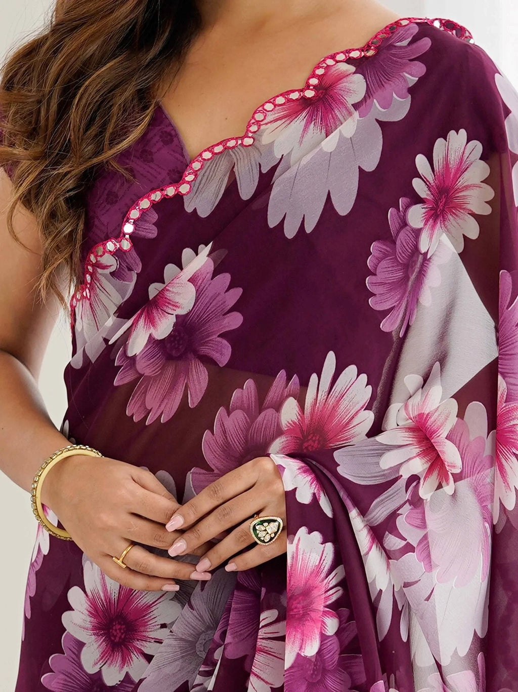 Wine Awesome Floral Printed Georgette Party Wear Saree With Blouse