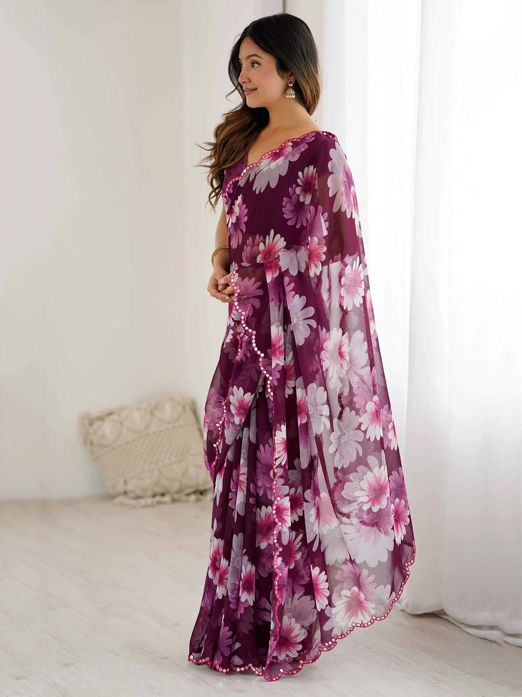 Wine Awesome Floral Printed Georgette Party Wear Saree With Blouse