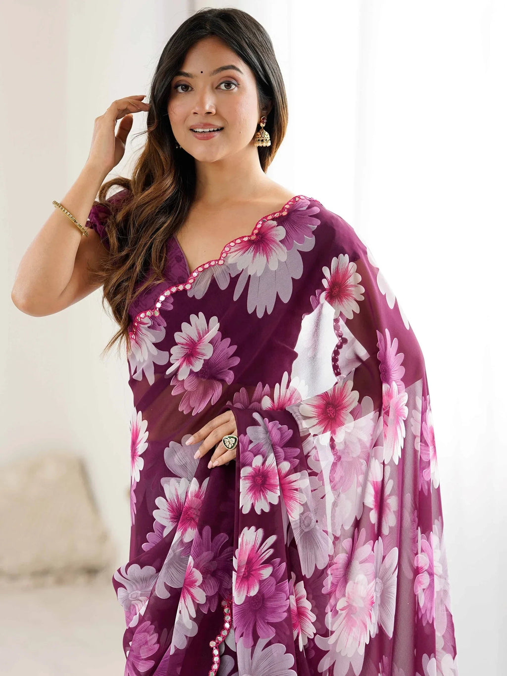 Wine Awesome Floral Printed Georgette Party Wear Saree With Blouse