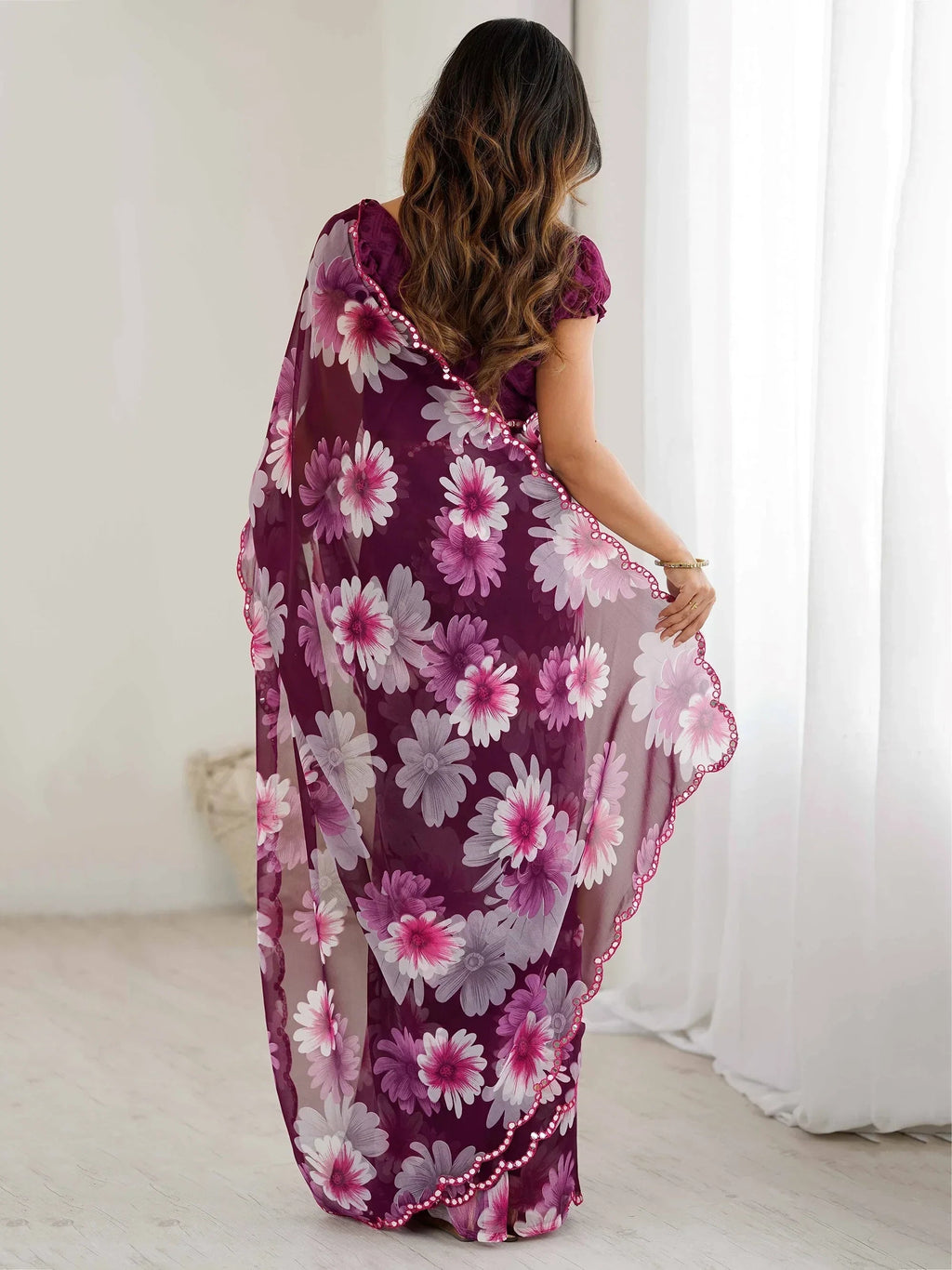 Wine Awesome Floral Printed Georgette Party Wear Saree With Blouse