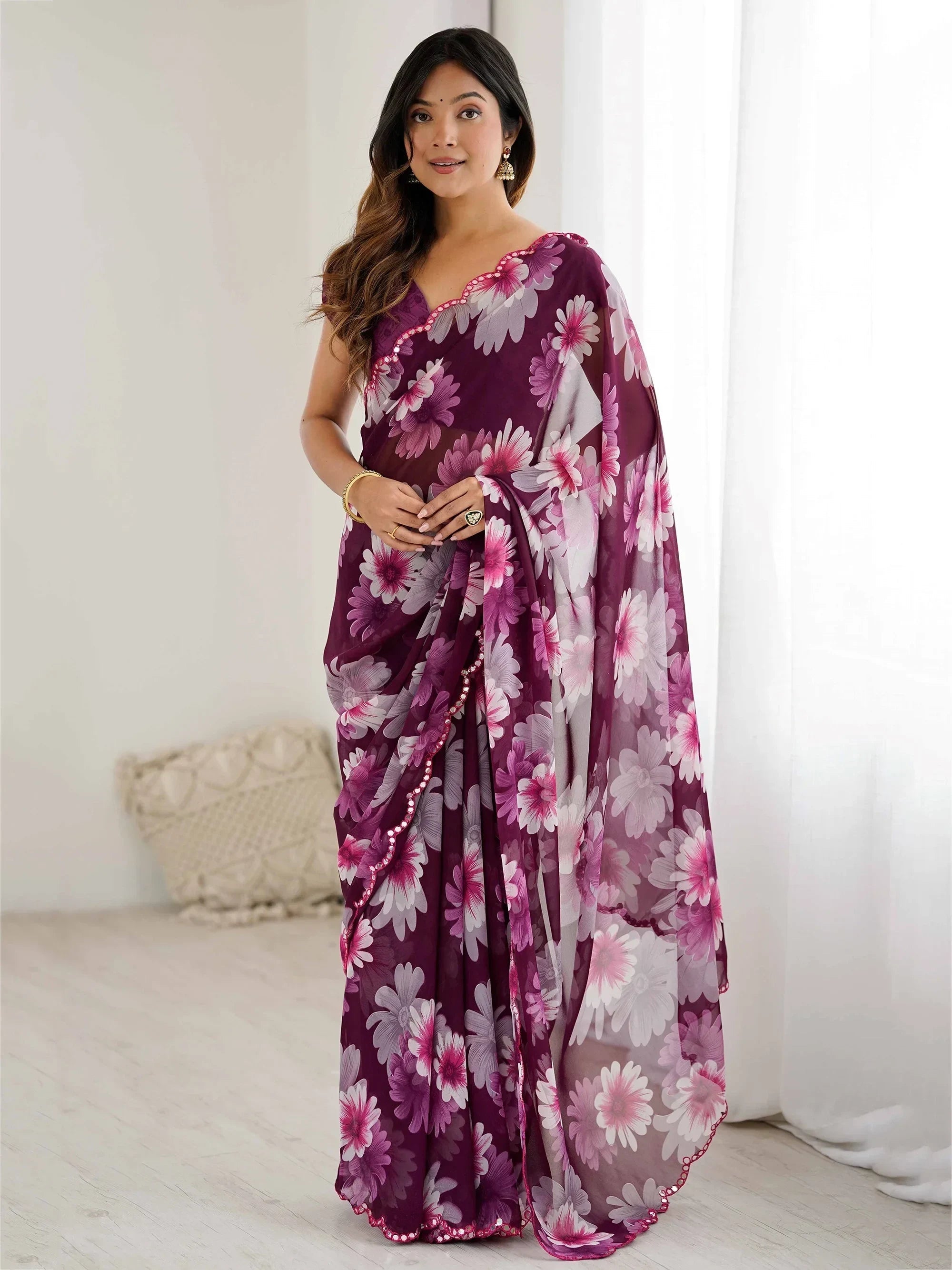 Wine Awesome Floral Printed Georgette Party Wear Saree With Blouse