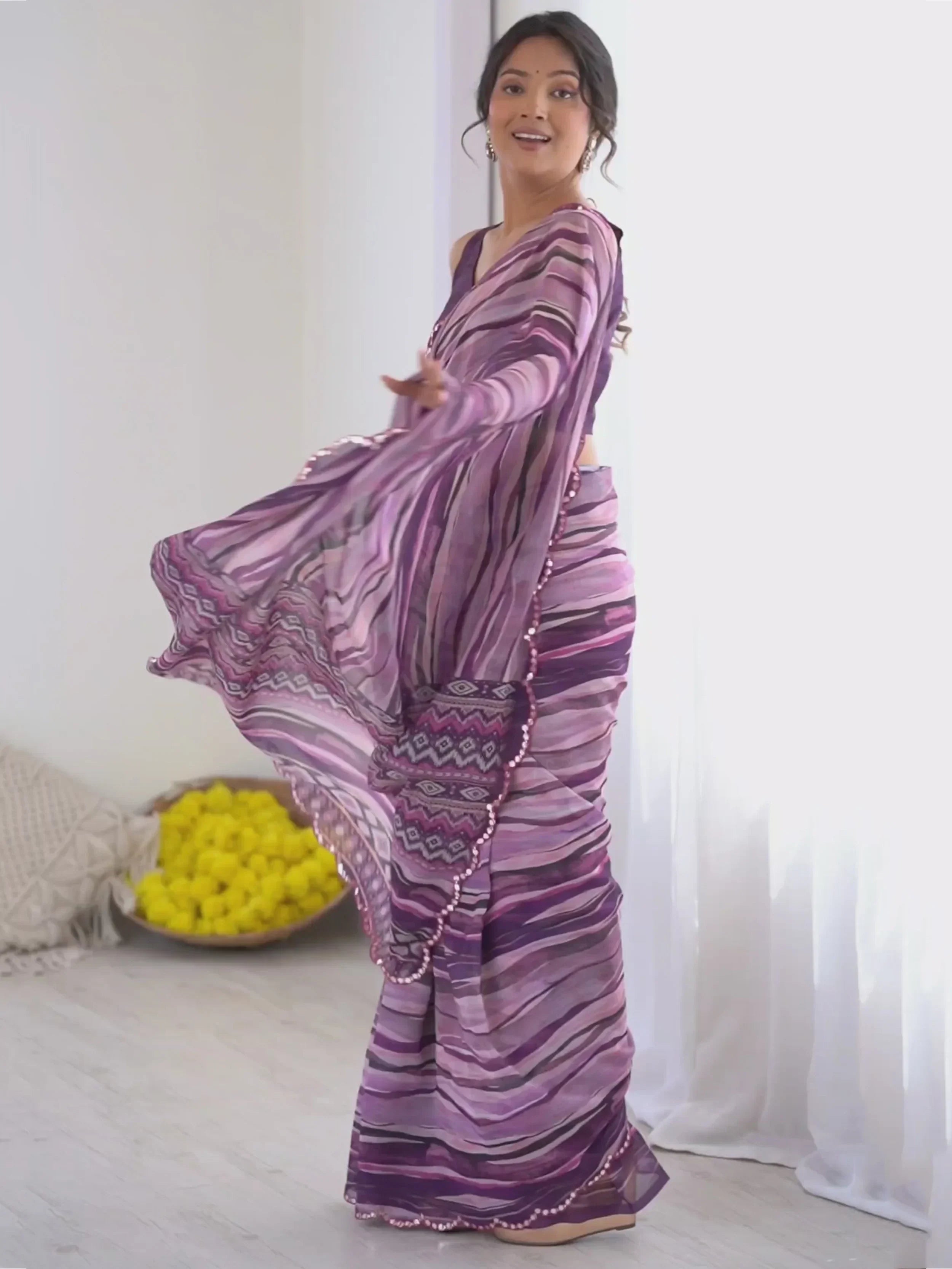 Captivating Purple Printed Georgette Casual Wear Saree With Blouse