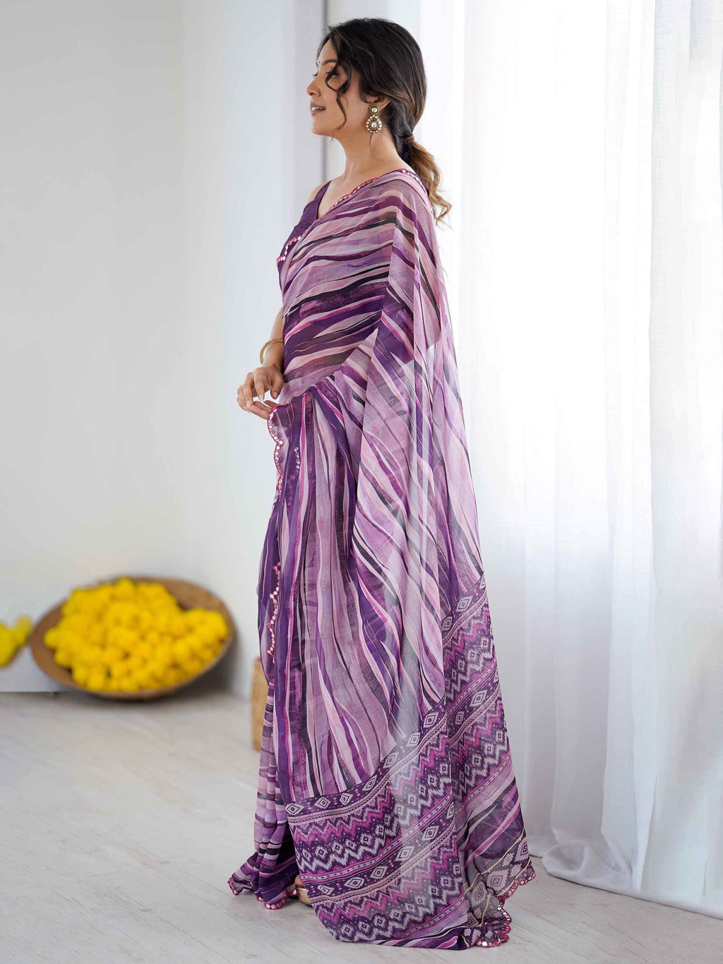 Captivating Purple Printed Georgette Casual Wear Saree With Blouse